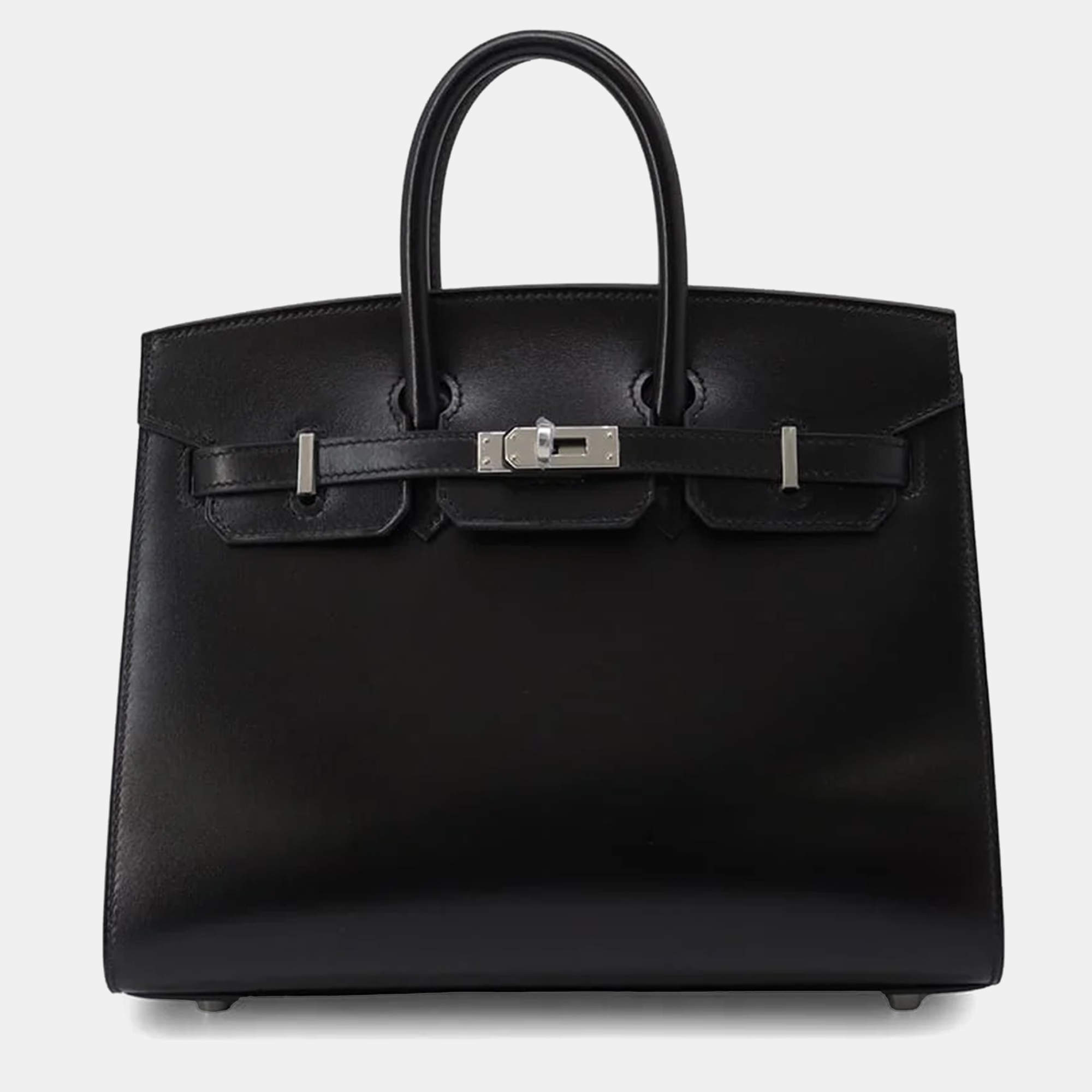 Hermes Birkin 25 Sellier Black Box Calf Leather Top Handle Bag