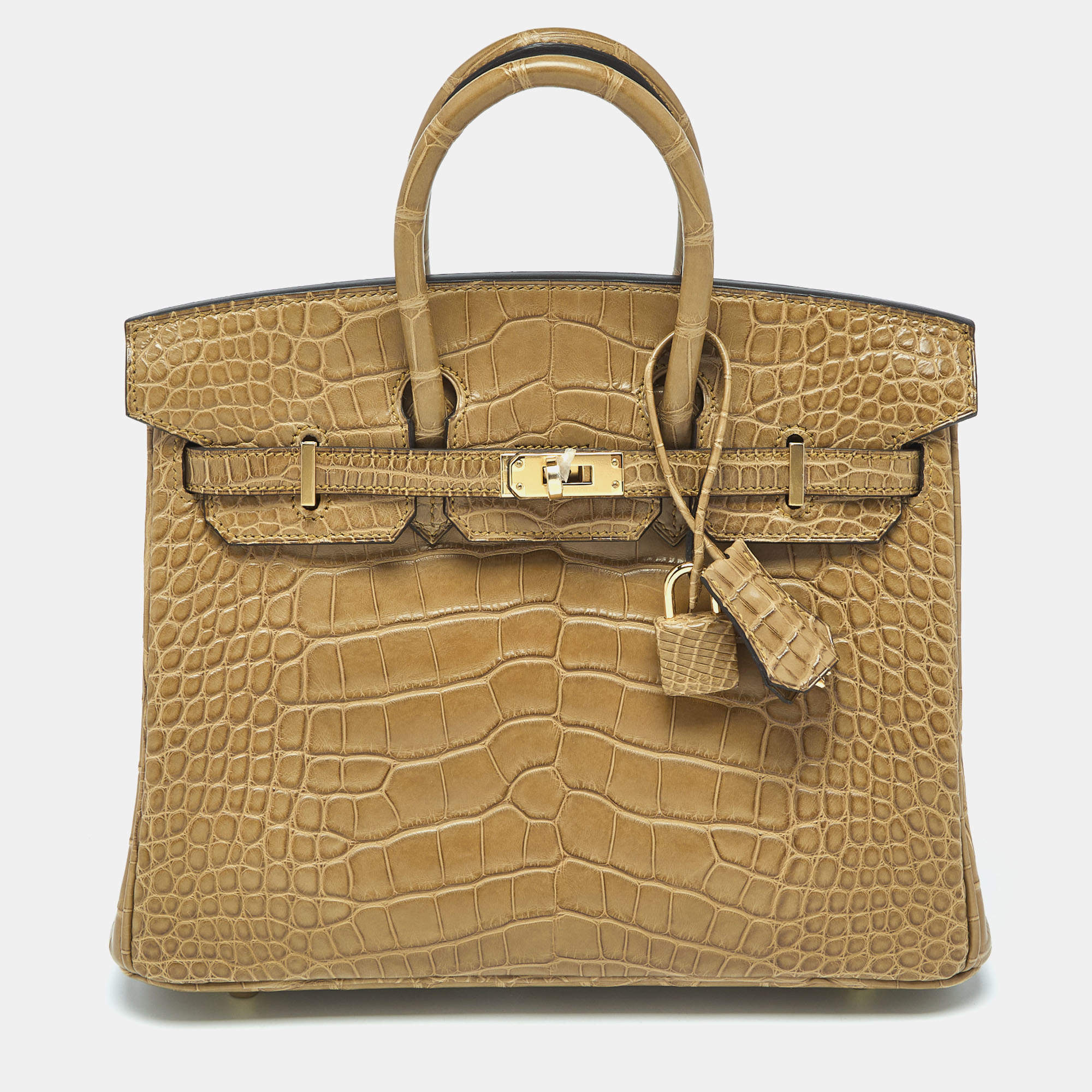 Pre Owned Hermes Poussiere Alligator Gold Finish Birkin 25 Bag