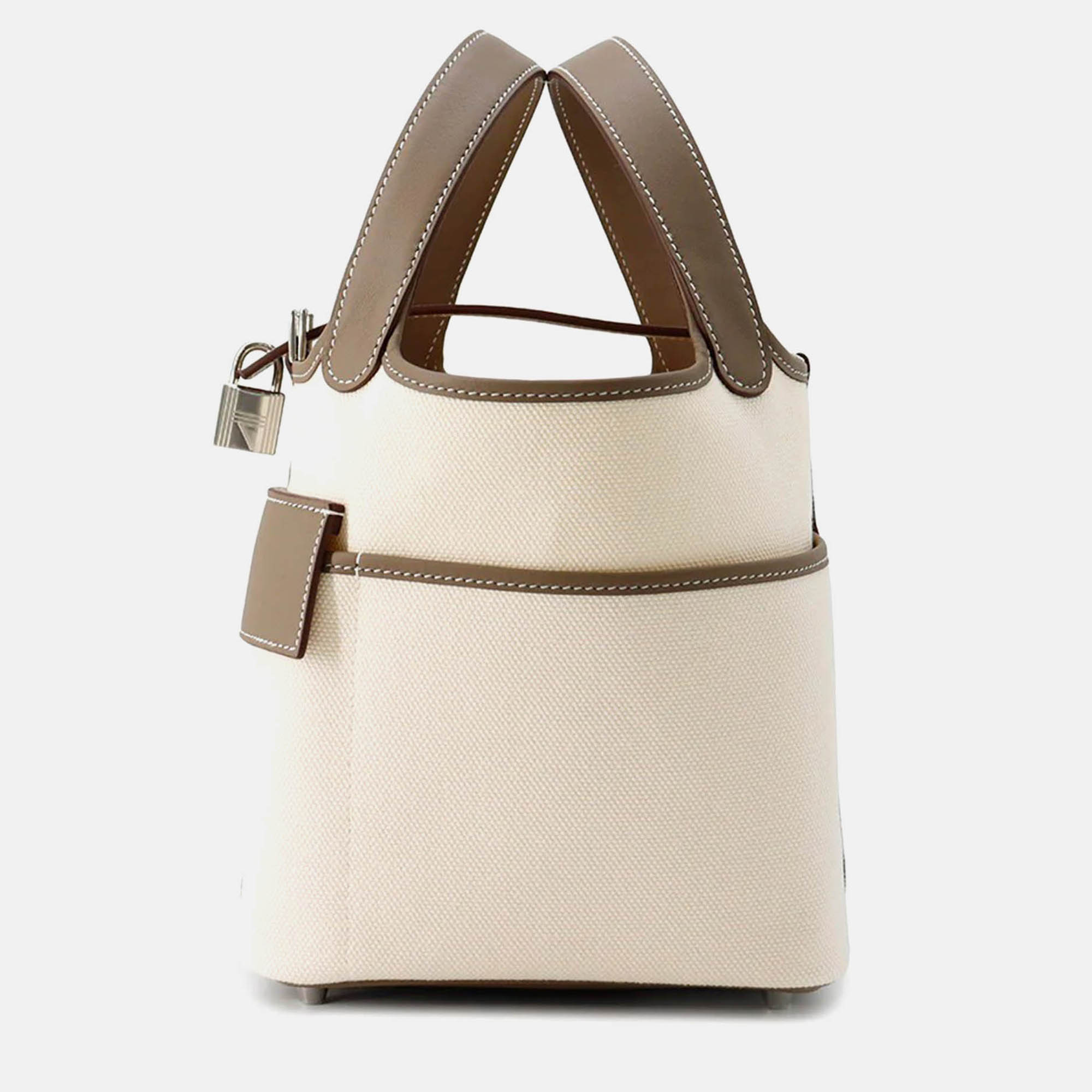 Pre Owned Hermes Picotin Lock Cargo 18 Ecru/Etoupe Towar Goeran Swift Leather Bucket Bag