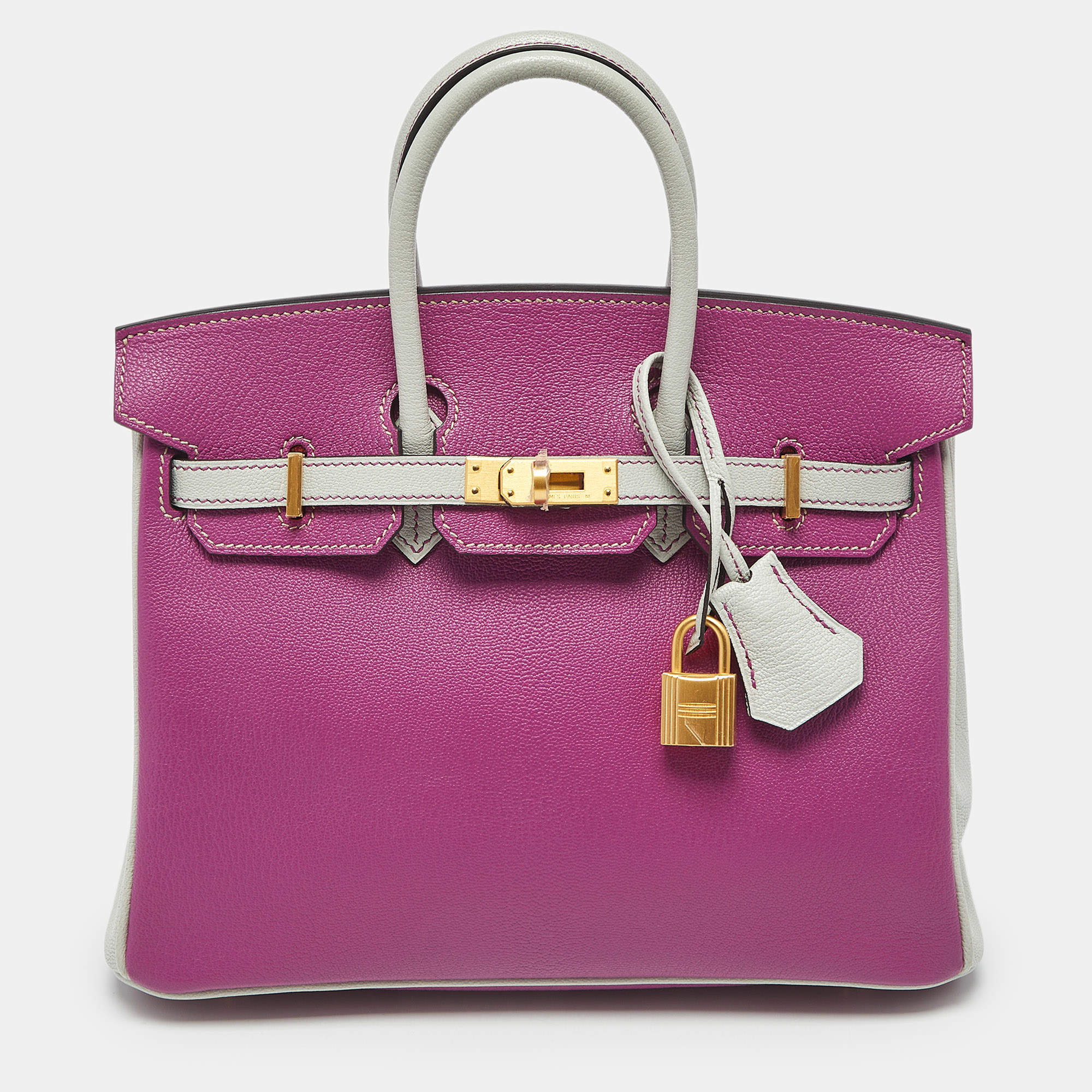 Pre Owned Hermes Rose Pourpre/Gris Perle Leather Gold Finish Birkin 25 Bag