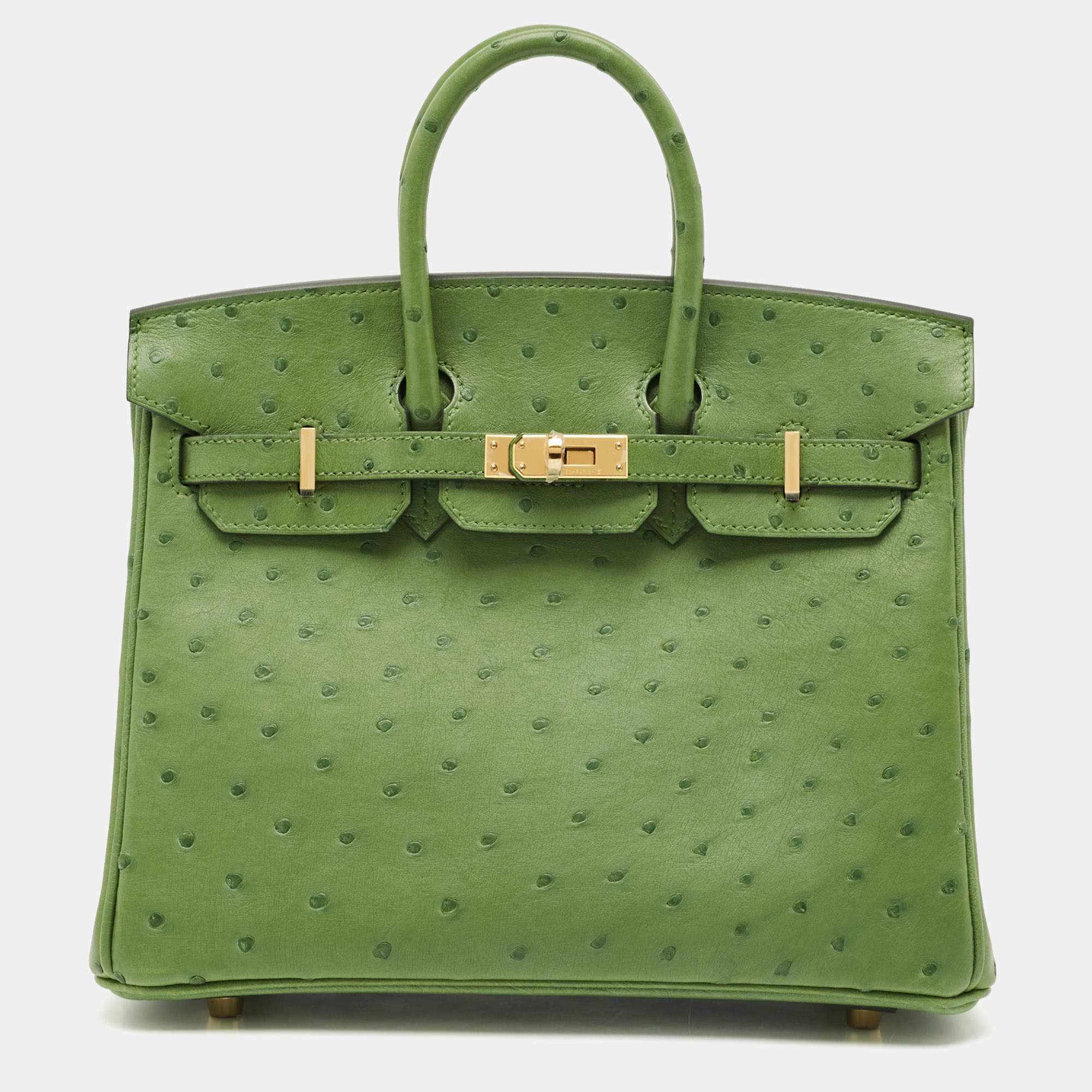 Pre Owned Hermès Vert Yucca Ostrich Gold Finish Birkin 25 Bag