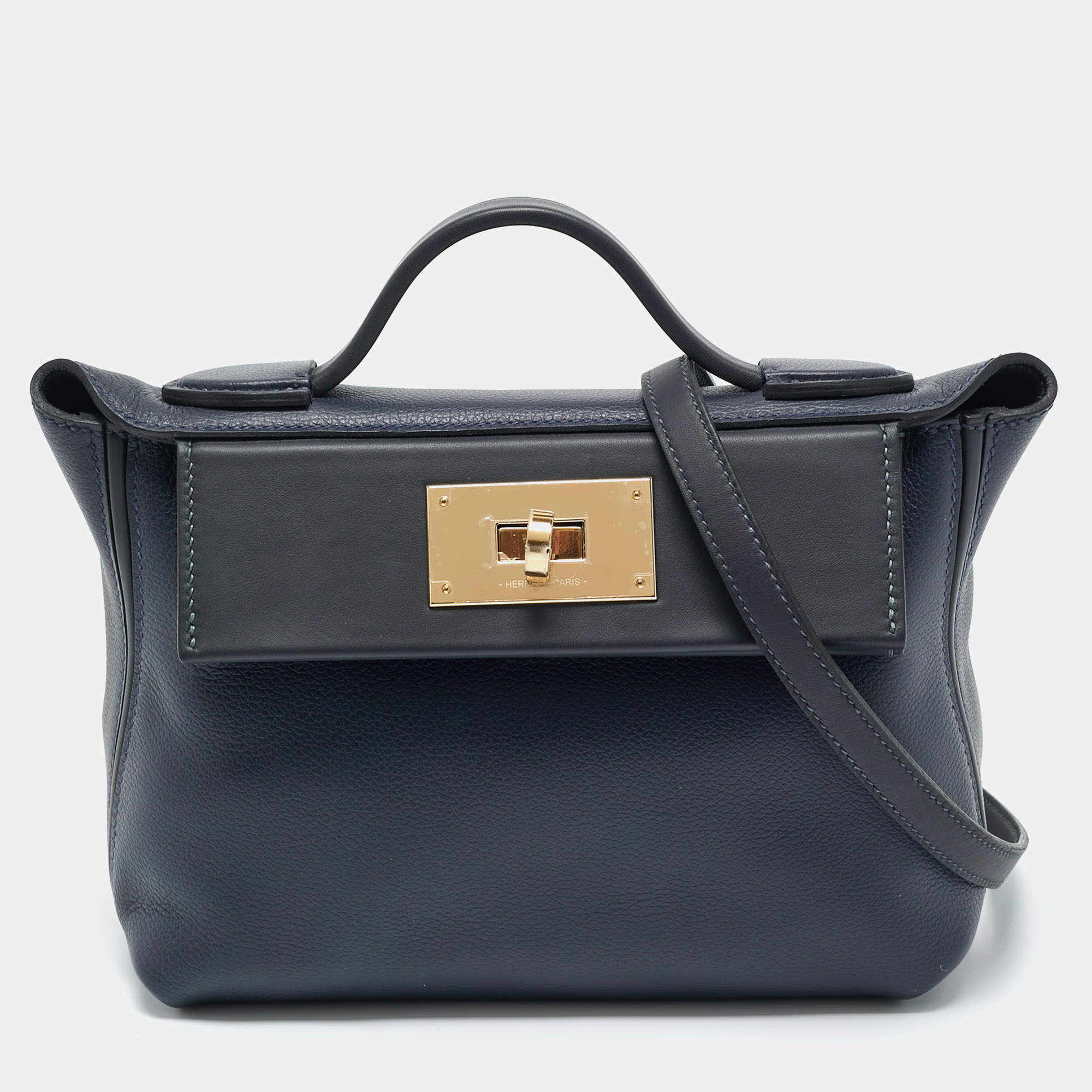 Pre Owned Hermès Bleu Nuit/Caban Evercolor and Swift Leather Permabrass Finish 24/24 21 Bag
