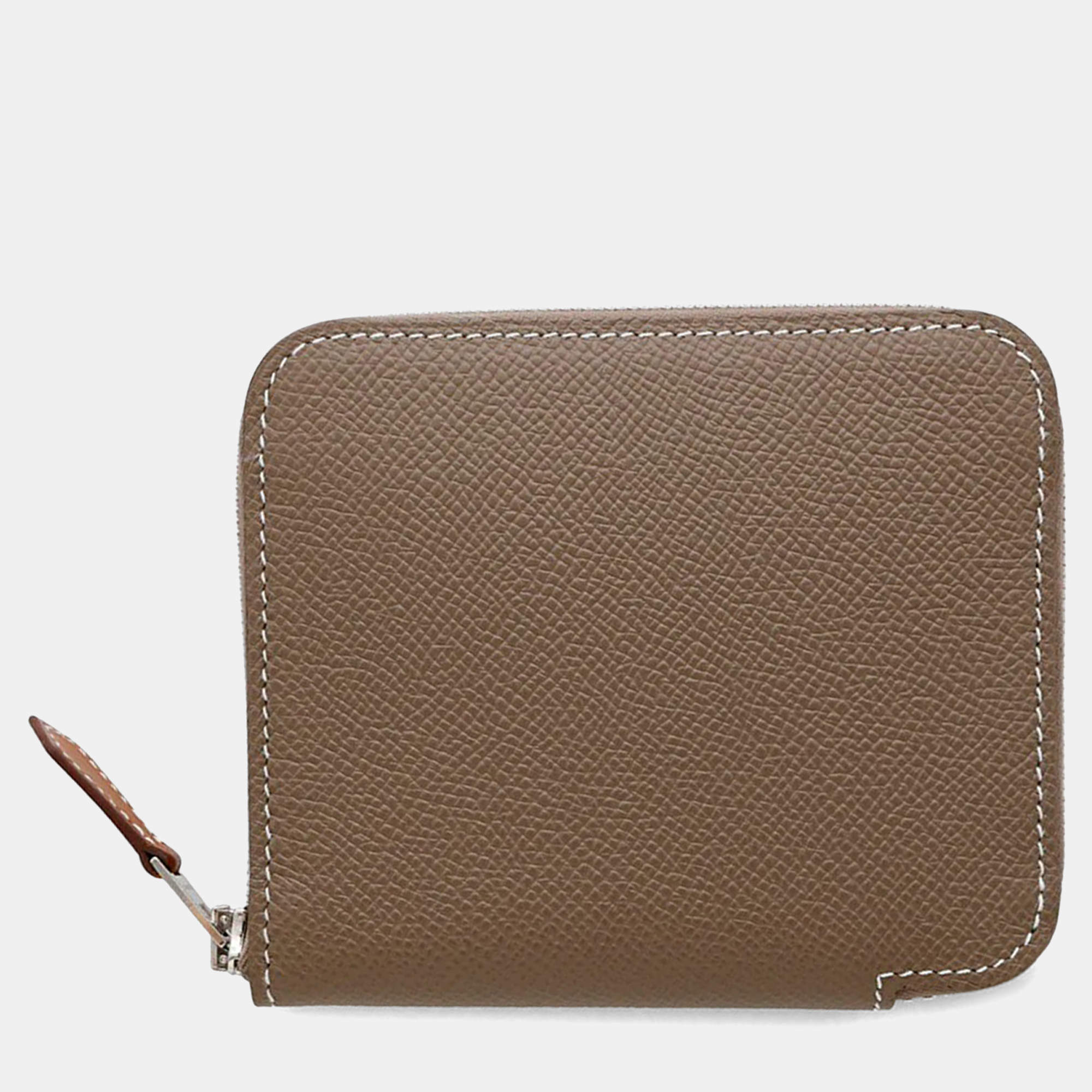 Pre Owned Hermes Azap Compact Silk In Etoupe Epsom Wallet