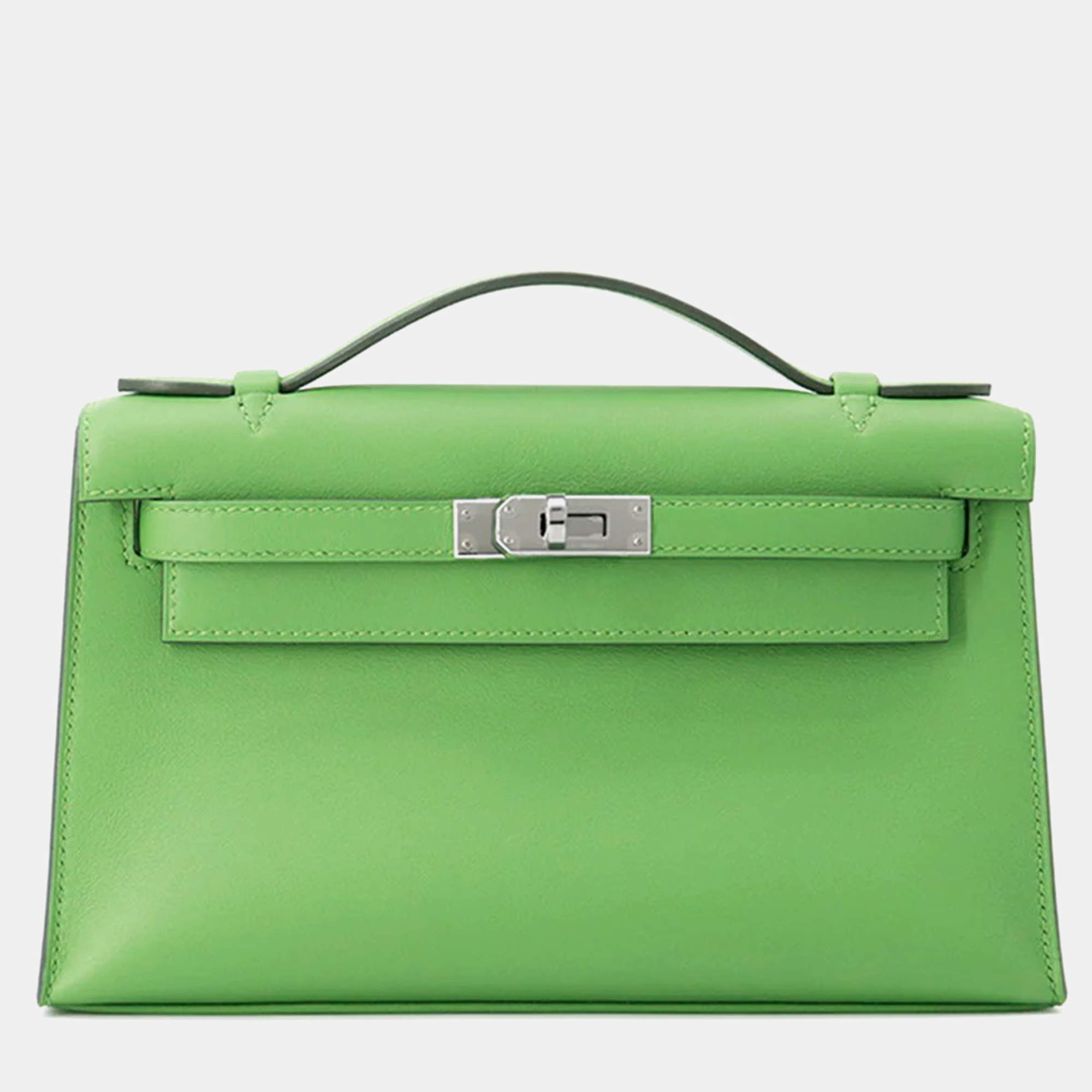 Pre Owned Hermes Pochette Kelly Vert Yucca Swift Leather Handbag