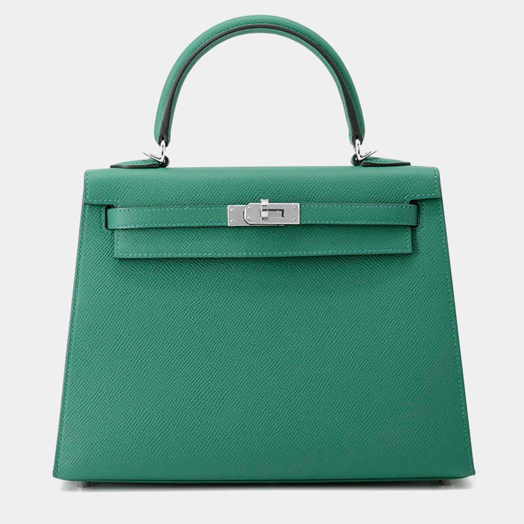 Pre Owned Hermes Kelly Sellier 25 Vert Vertigo Epsom Leather Shoulder Bag