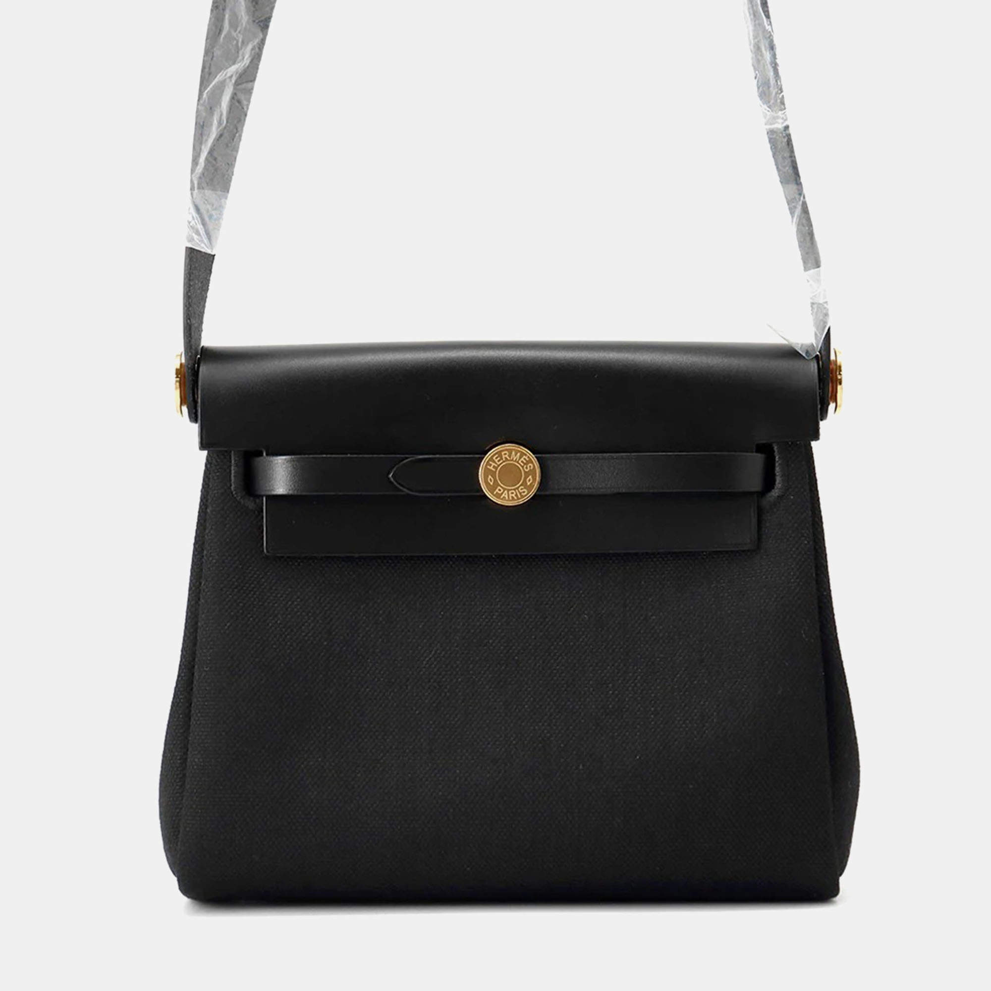 Pre Owned Hermes Herbag Zip Mini Black Toile Military Vache Hunter Leather Shoulder Bag