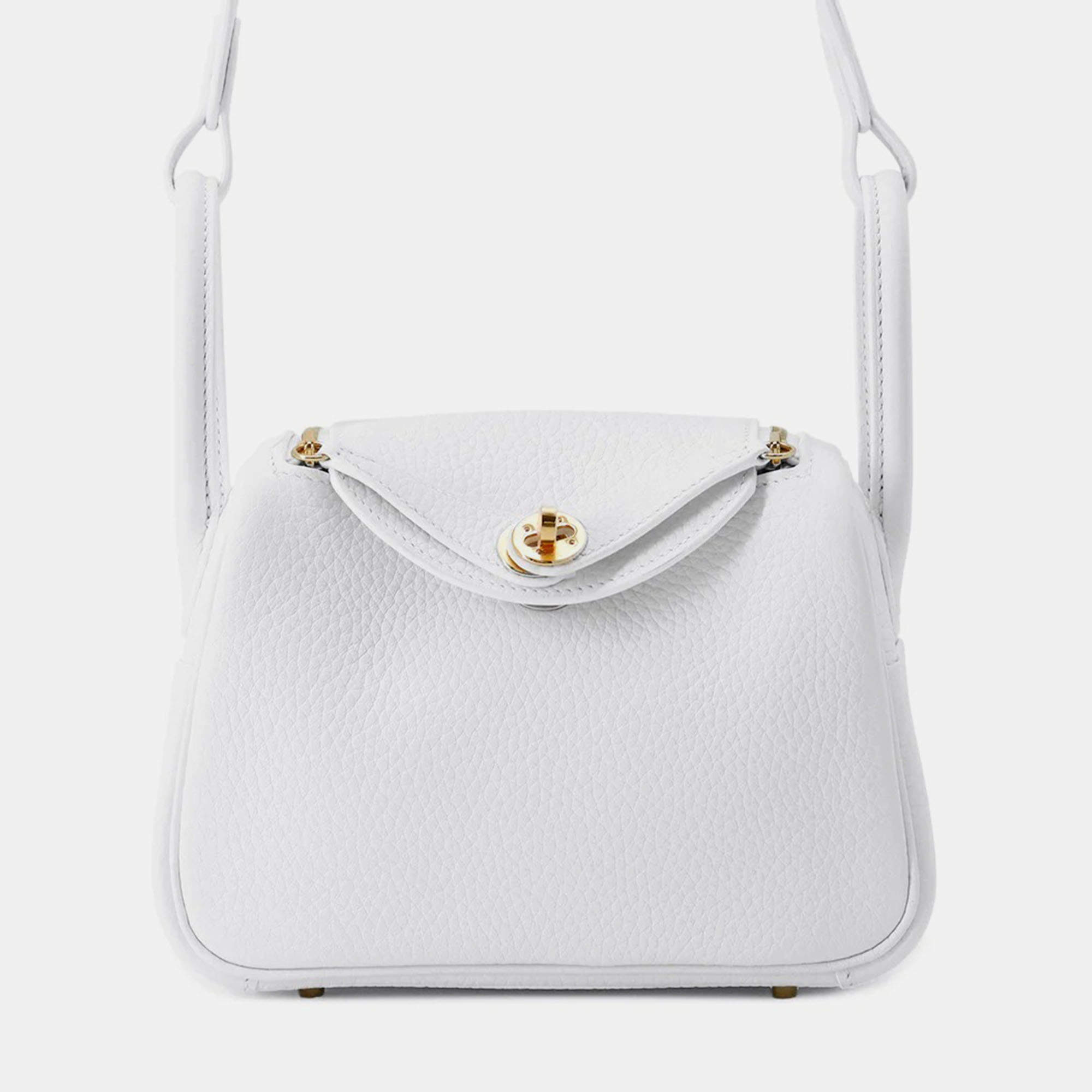 Pre Owned Hermes Lindy Mini White Taurillon Clemence Shoulder Bag