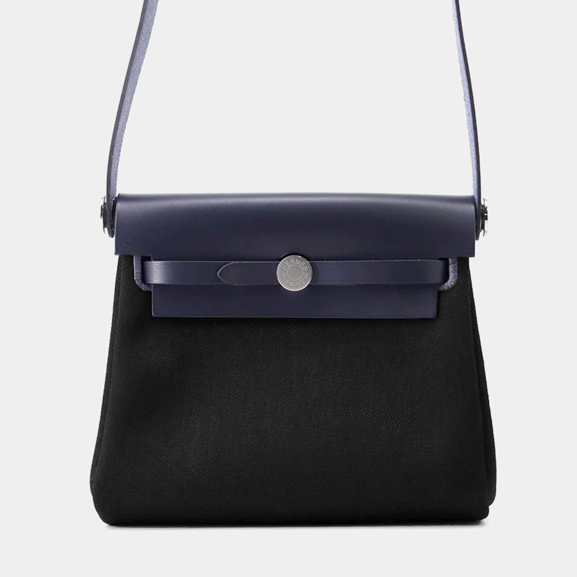 Pre Owned Hermes Herbag Mini Zip Blue Indigo/Black Toile Military Vache Hunter Leather 