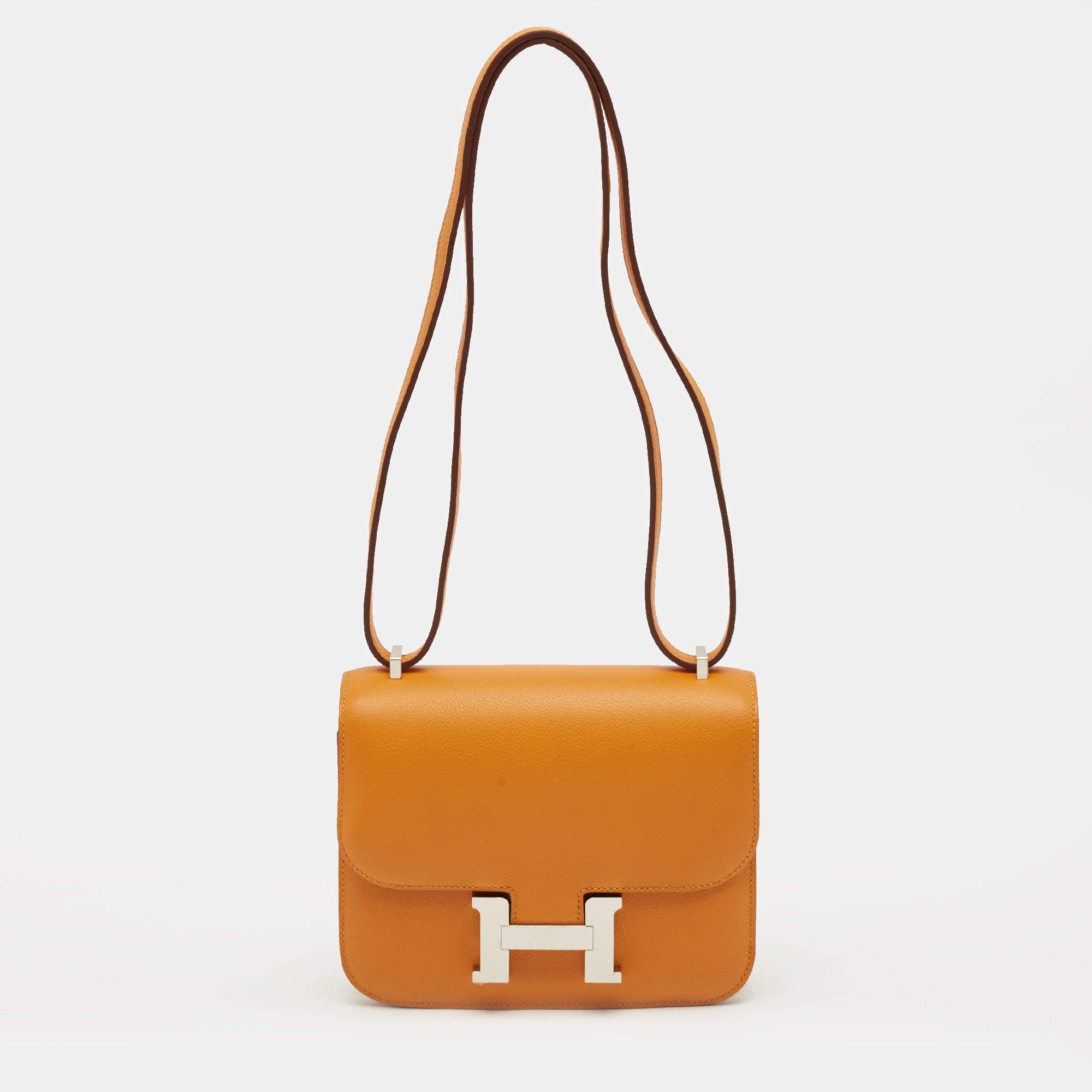 Pre Owned Hermes Abricot/Rouge Evercolor Leather Palladium Finish Constance 18 Mini Bag