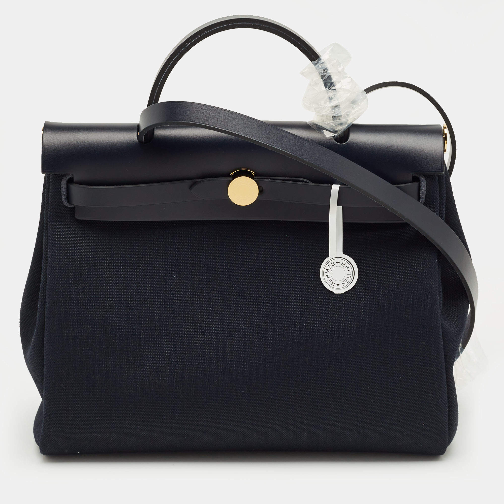 Pre Owned Hermes Bleu Indigo Toile and Vache Hunter Leather Herbag Zip 31 Bag