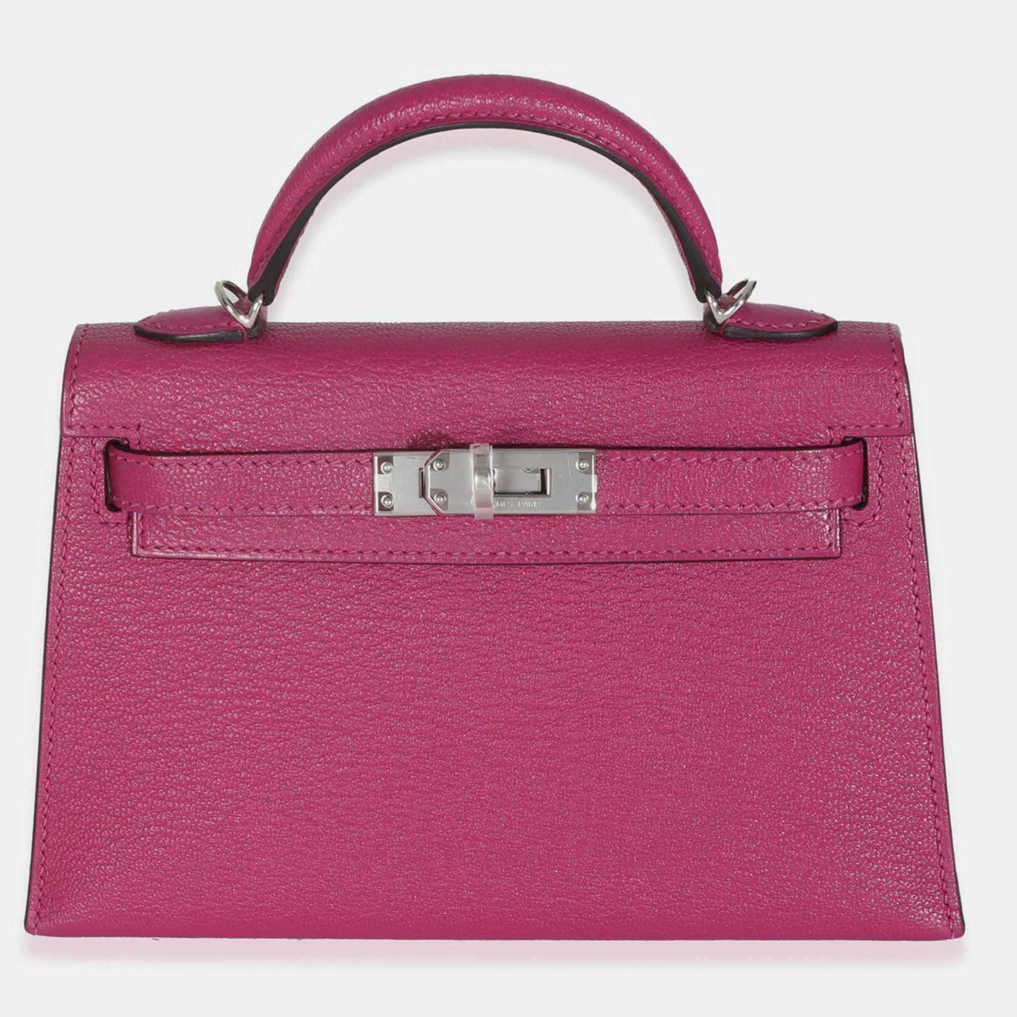Pre Owned Hermes Rose Pourpre Chevre Mysore Sellier Mini Kelly 20 II SHW