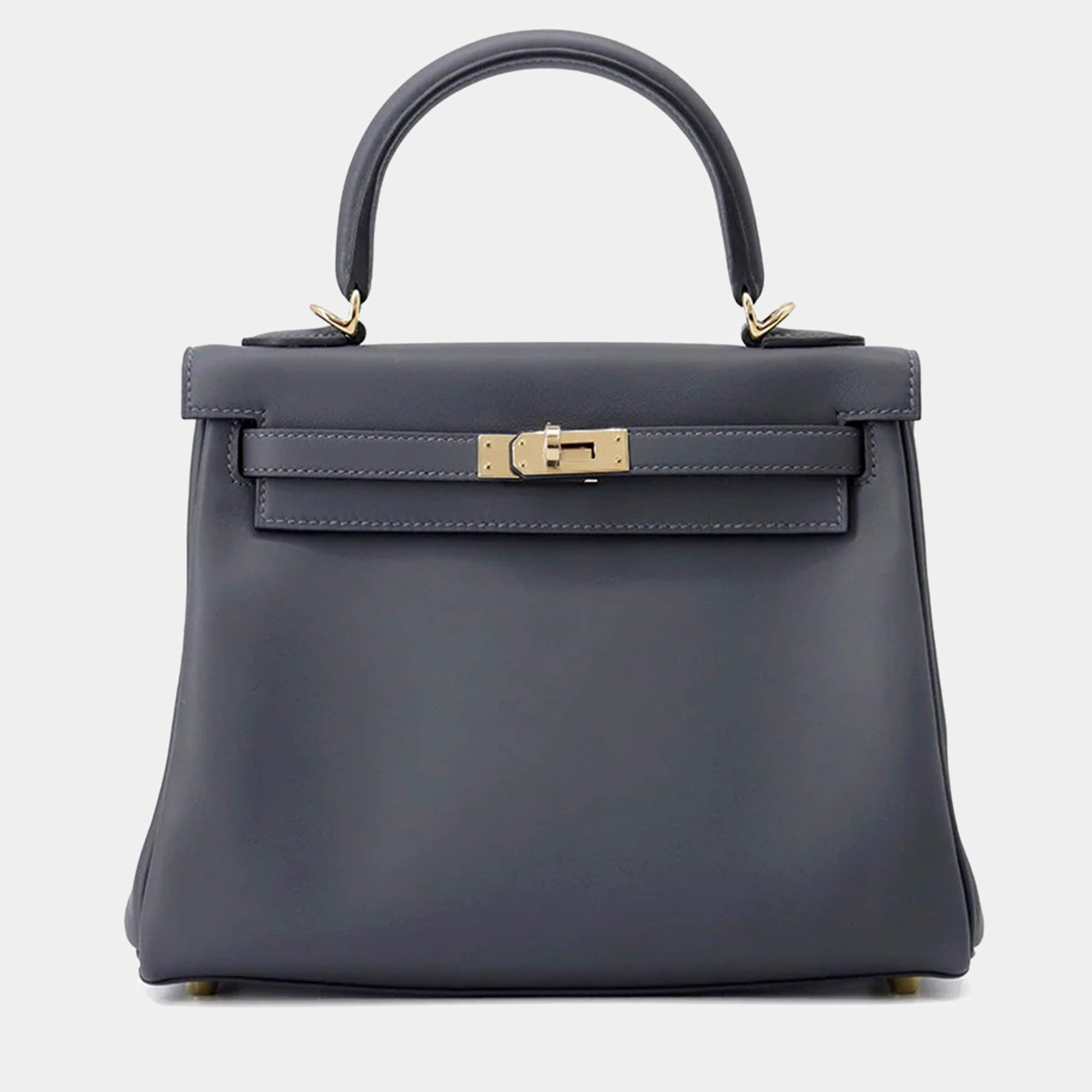 Pre Owned Hermes Kelly Retourne Sewing Verso Grimist/Black Swift Leather Size 25