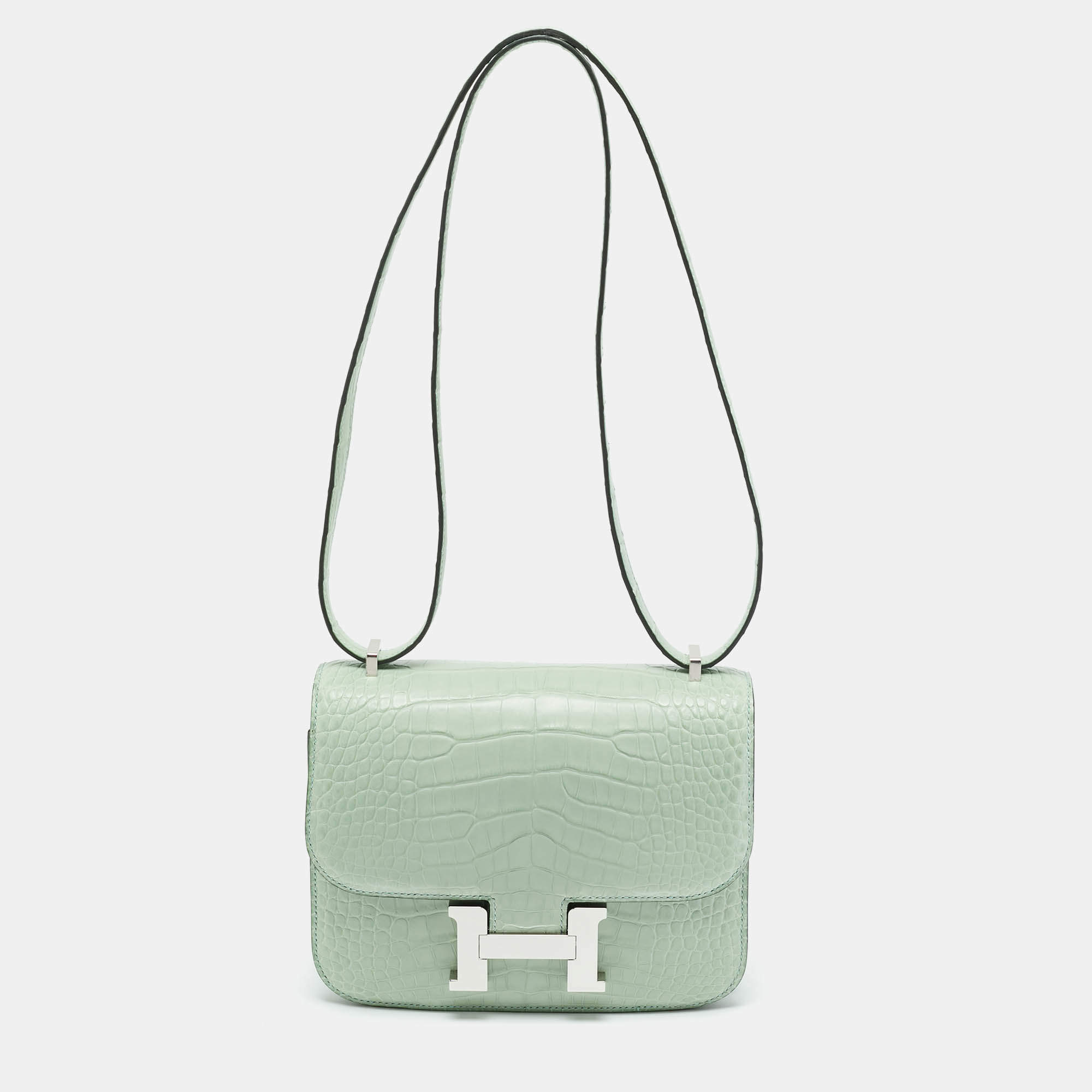 Pre Owned Hermes Vert d'eau Matte Alligator Palladium Finish Constance 18 Mini Bag