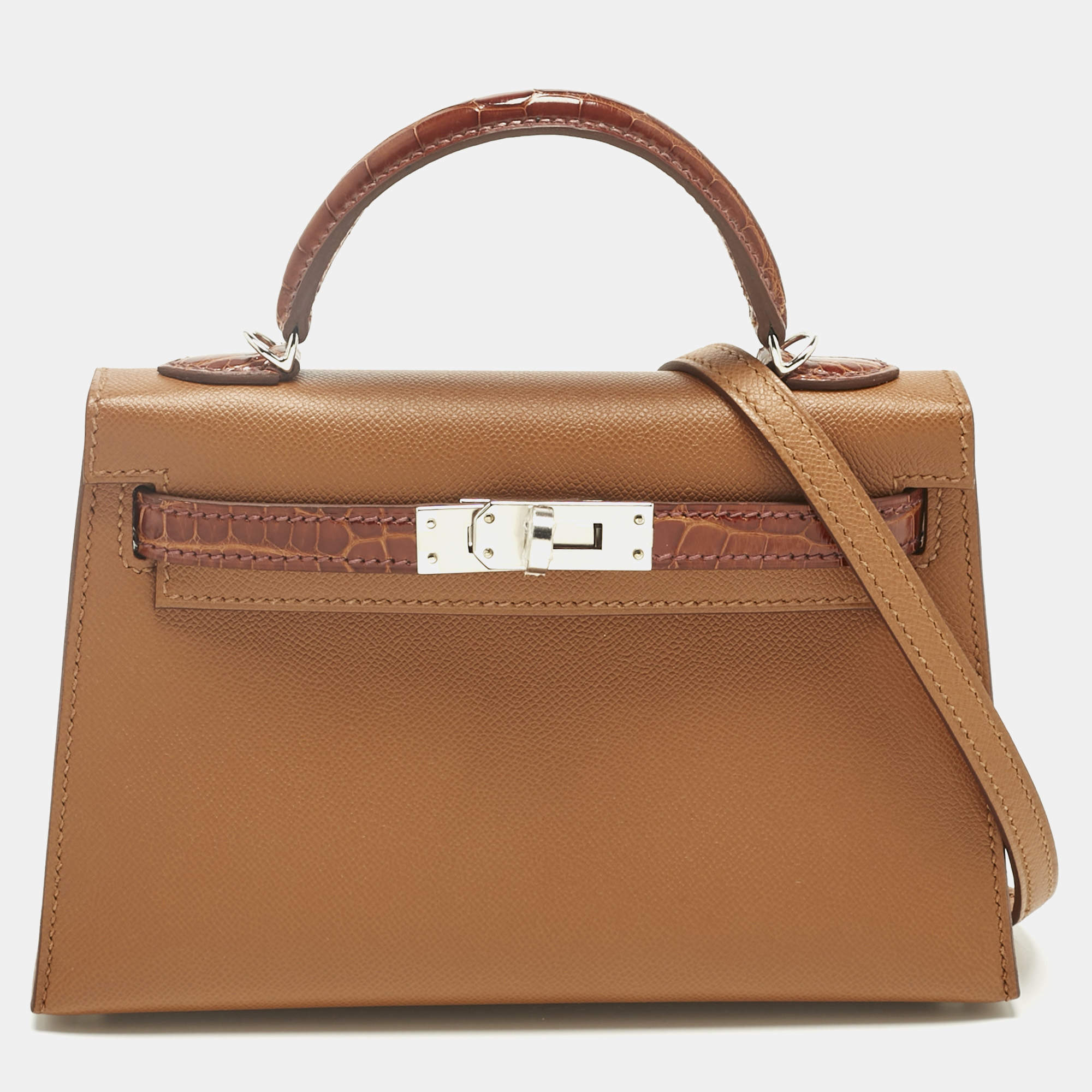 Pre Owned Hermès Gold/Miel Madame Leather and Alligator Palladium Finish Mini Kelly II Sellier Touch 20 Bag
