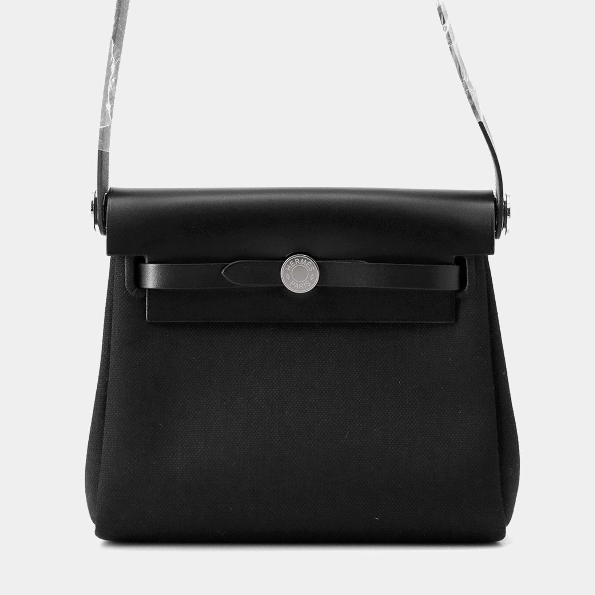 Pre Owned Hermes Herbag Zip  Size Mini Black Military Vache Hunter Leather Toile Bag 