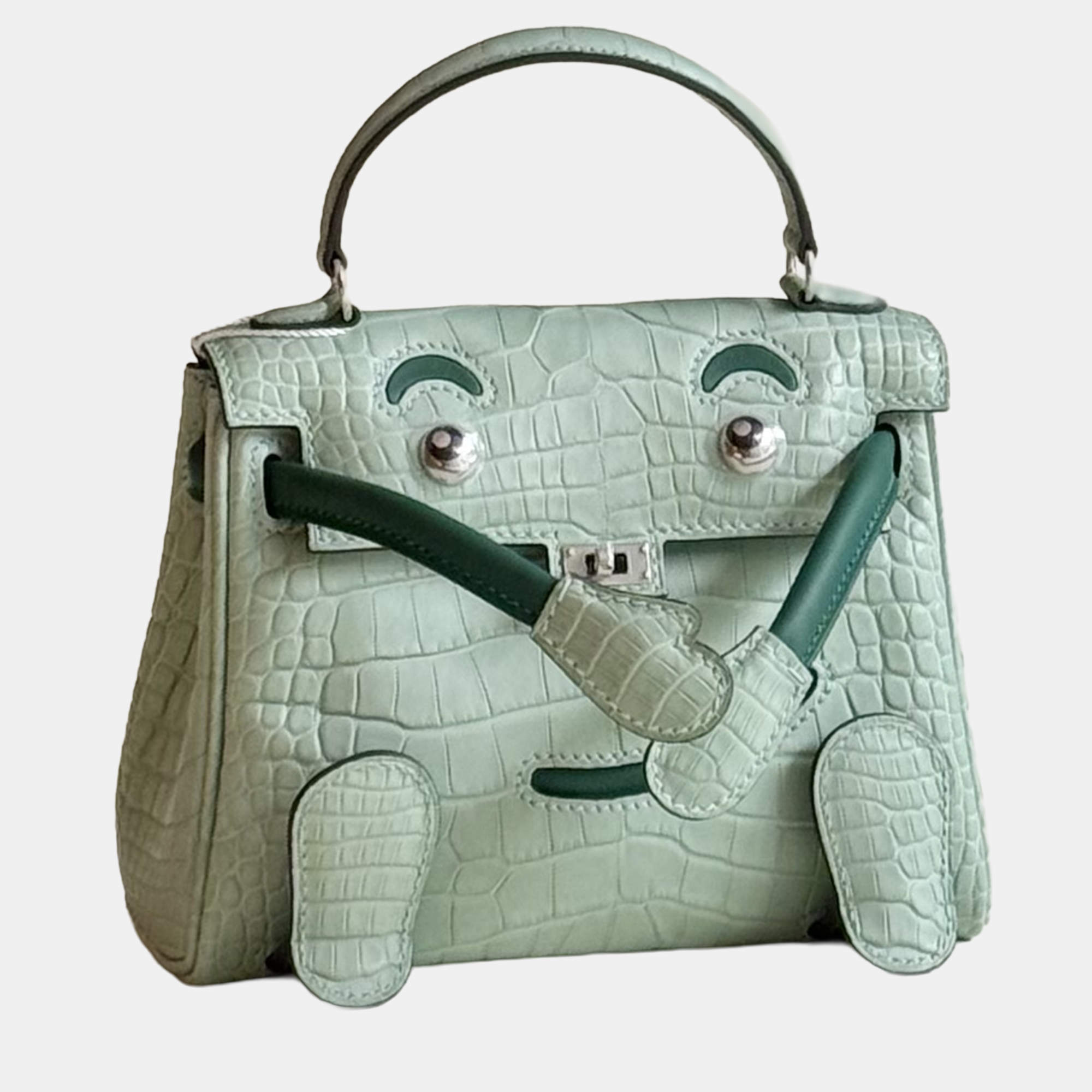 Pre Owned Hermes Kelly Doll Bag Mint Green Matte Crocodile Palladium Hardware