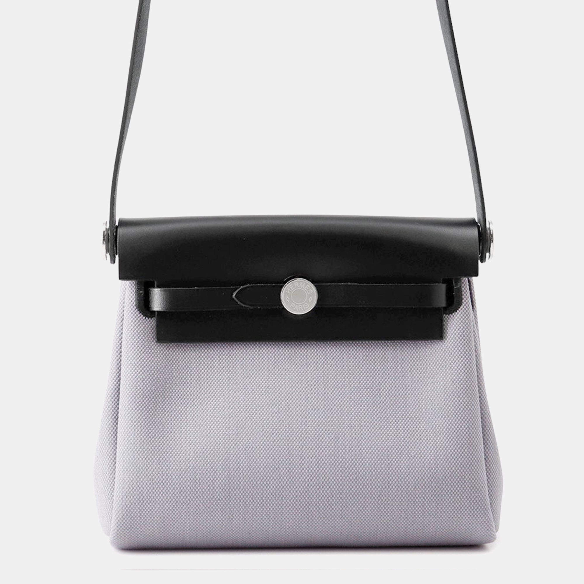 Pre Owned حقيبة هيرمس هيرباج زيپ صغيرة سوداء/رمادية قماش عسكري جلد فاتش هنتر