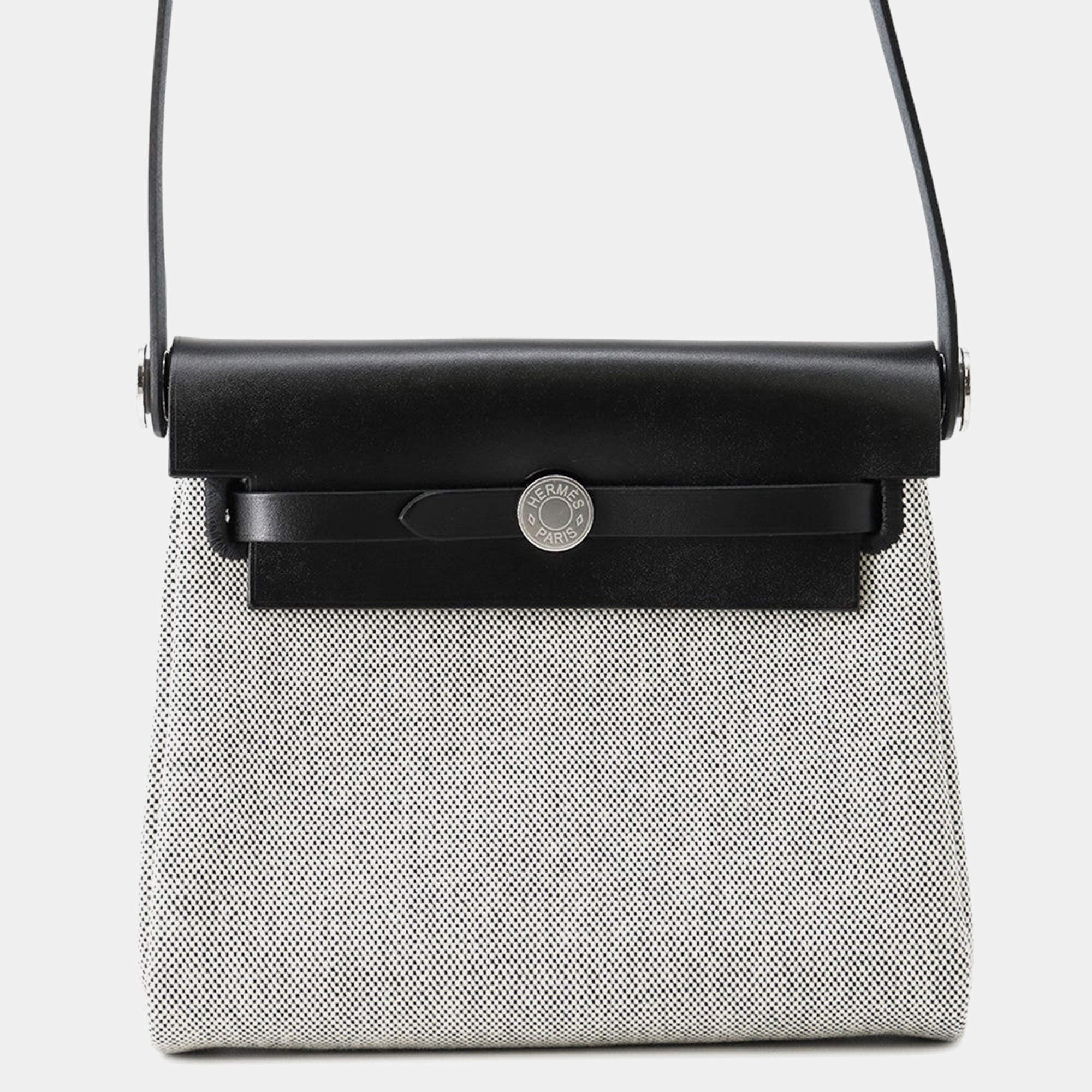 Pre Owned Hermes Herbag Zip Mini Black/Ecru Toile H Vache Hunter Leather Bag 