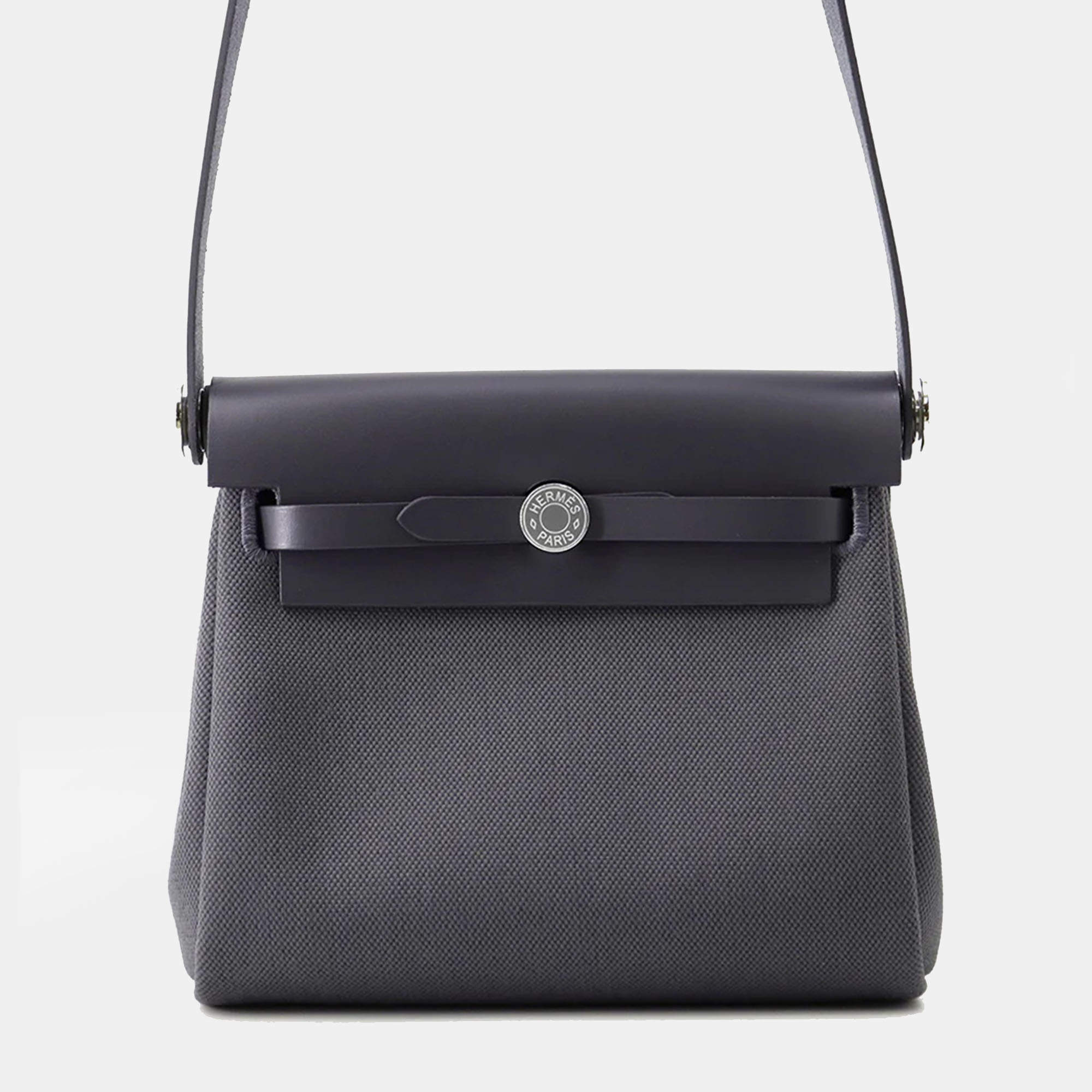 Pre Owned Hermes Herbag Zip Ardoise Toile Military Vache Hunter Leather Size Mini