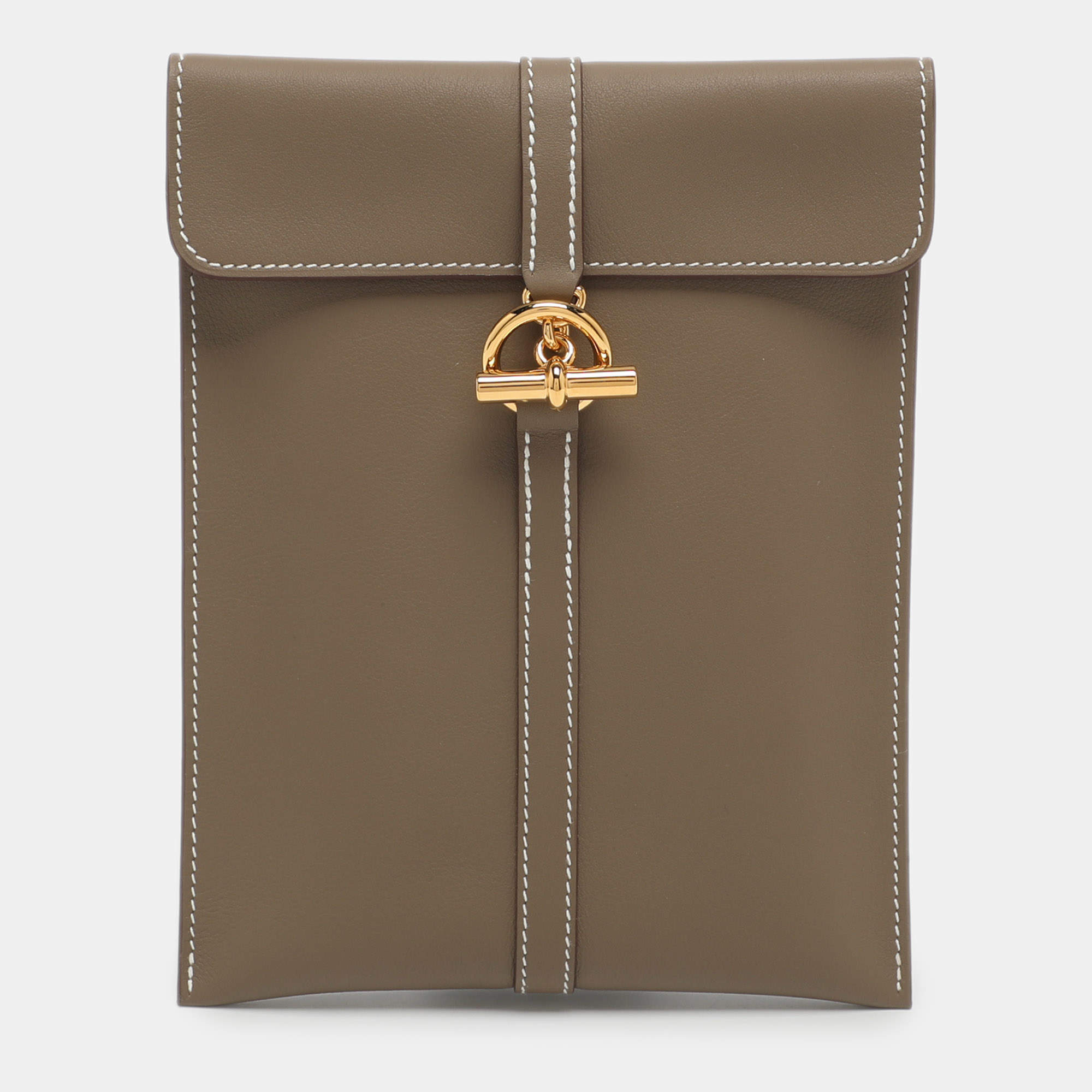 مملوكة مسبقًا Hermès Glenan To Go Gold Finish Grey Leather Pouch