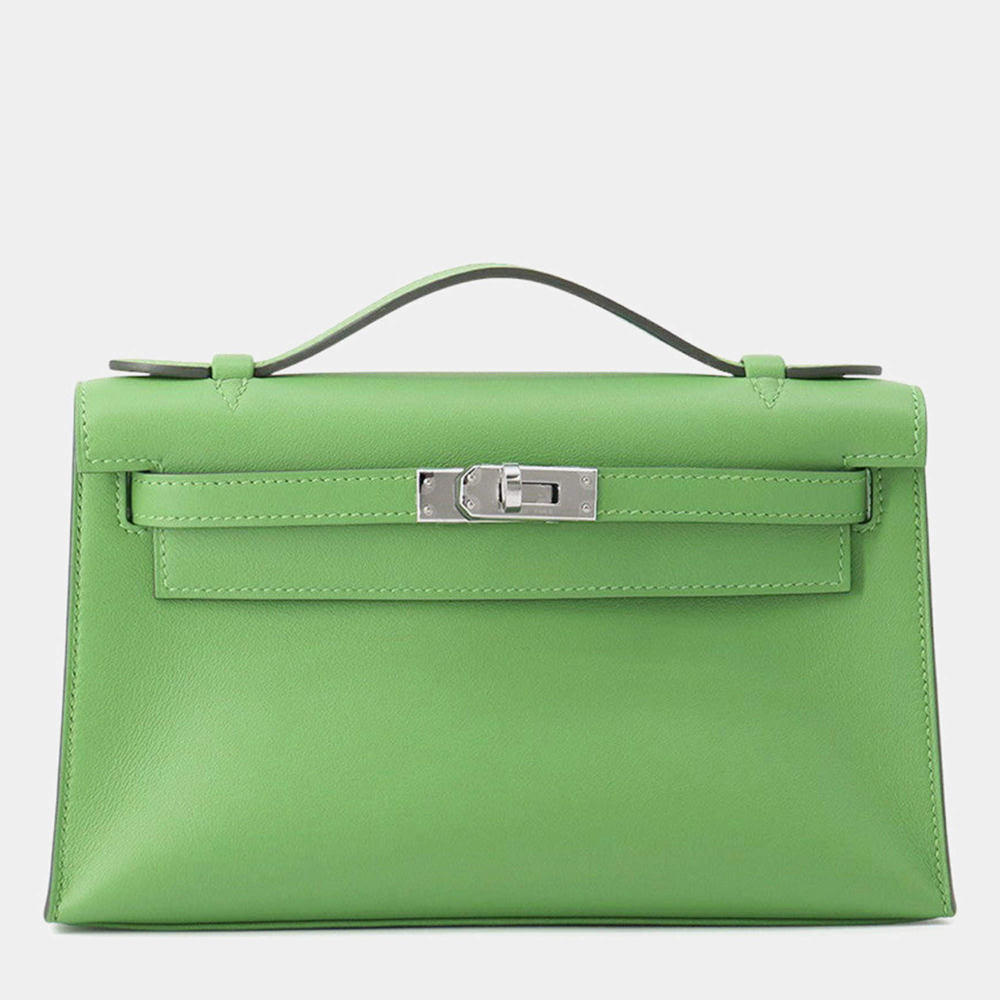 Pre Owned Hermes Pochettekelly Vert Yucca Swift Leather