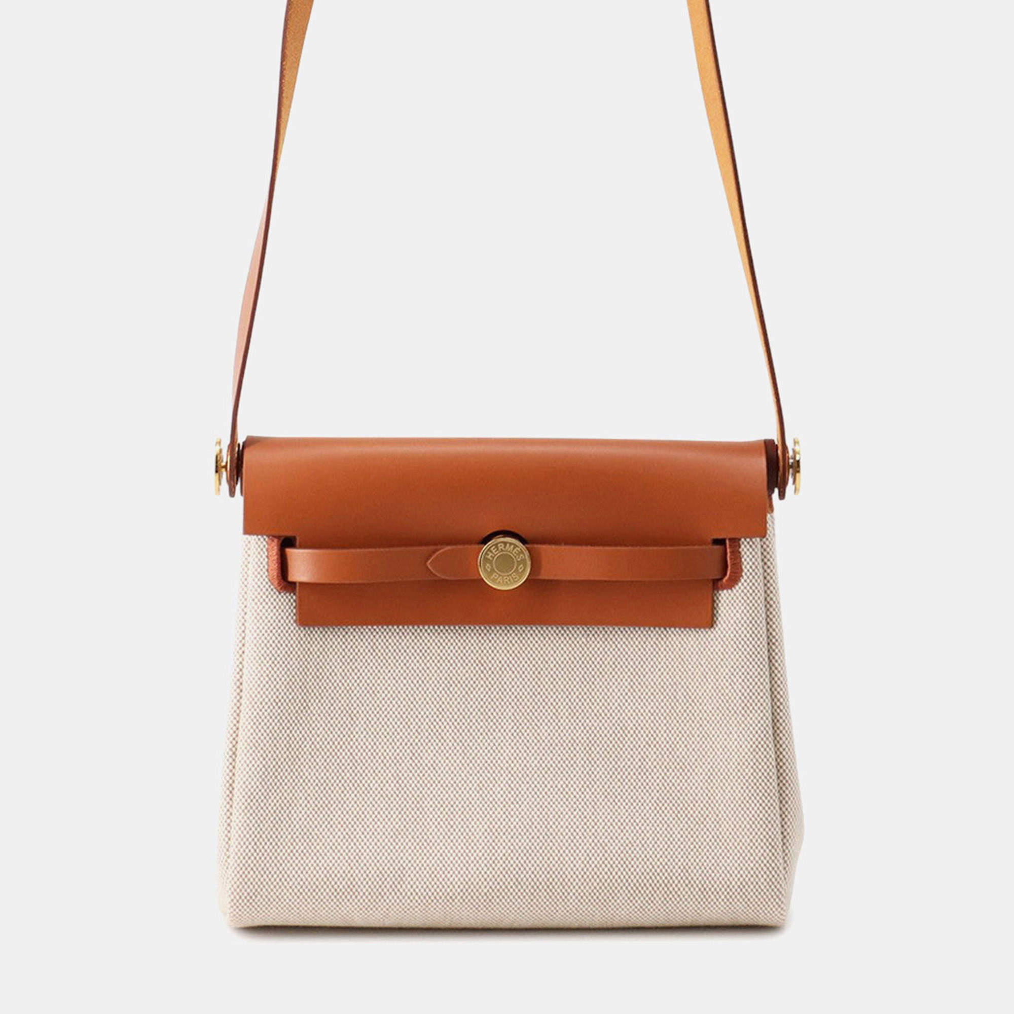 Pre Owned Hermes Herbag Zip Ecru/Fauve Toile H Vache Hunter Leather Size Mini