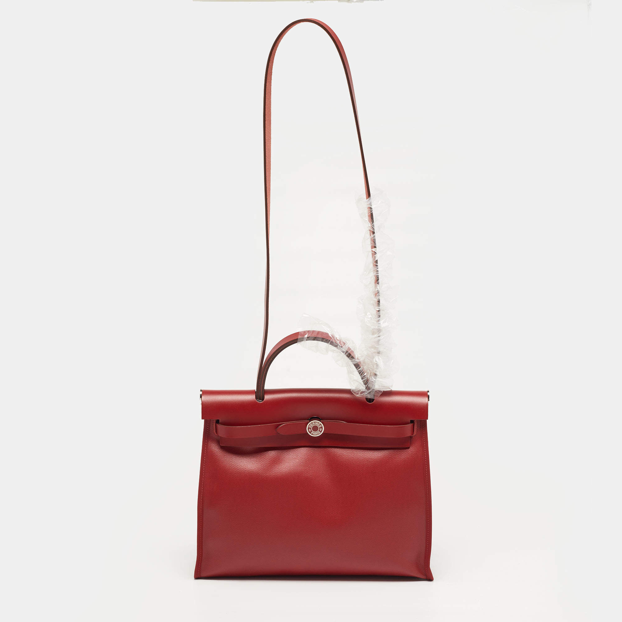 Pre Owned Hermès Herbag Zip 31 Rouge Piment/Ecru Berline Toile and Vache Hunter Top Handle Bag