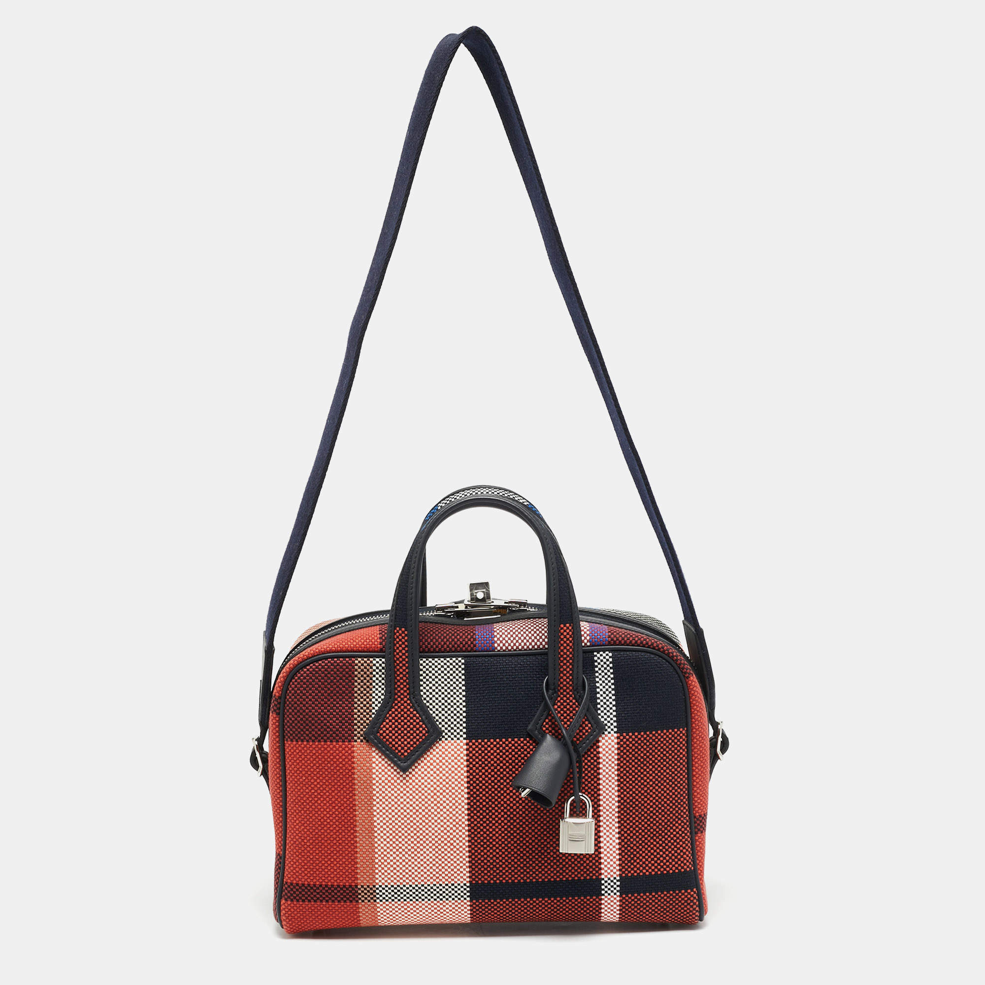 Pre Owned Hermès Victoria III Fourre Tout Mini Multicolor Madras Viking Canvas Satchel