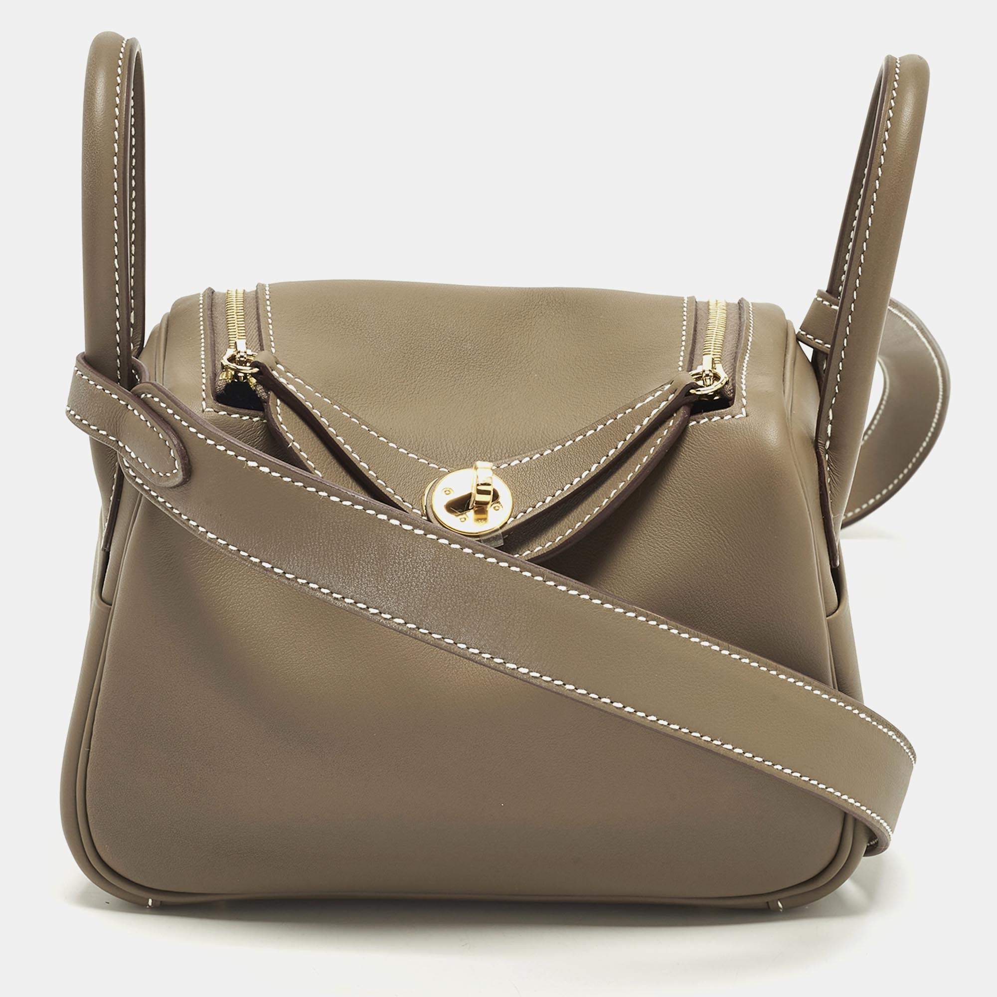 Pre Owned Hermès Lindy Mini Gold Finish Etoupe Swift Leather Shoulder Bag