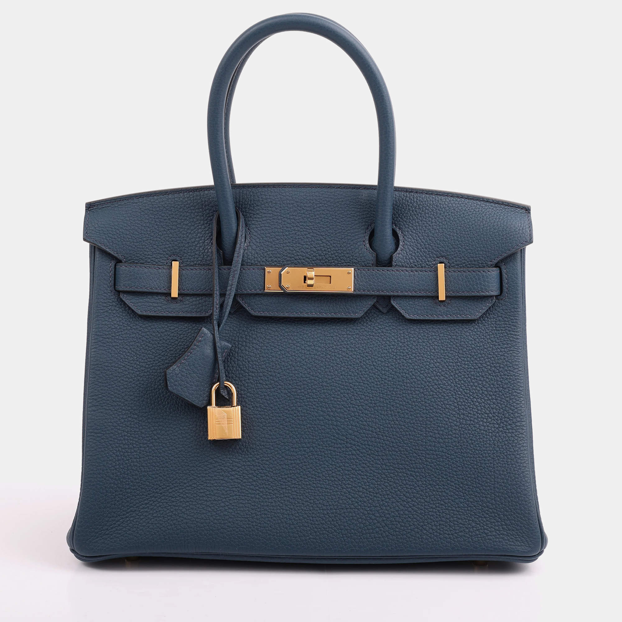 Pre Owned Hermes Birkin 30 Bleu de Prusse Togo Calfskin Leather Top Handle Bag
