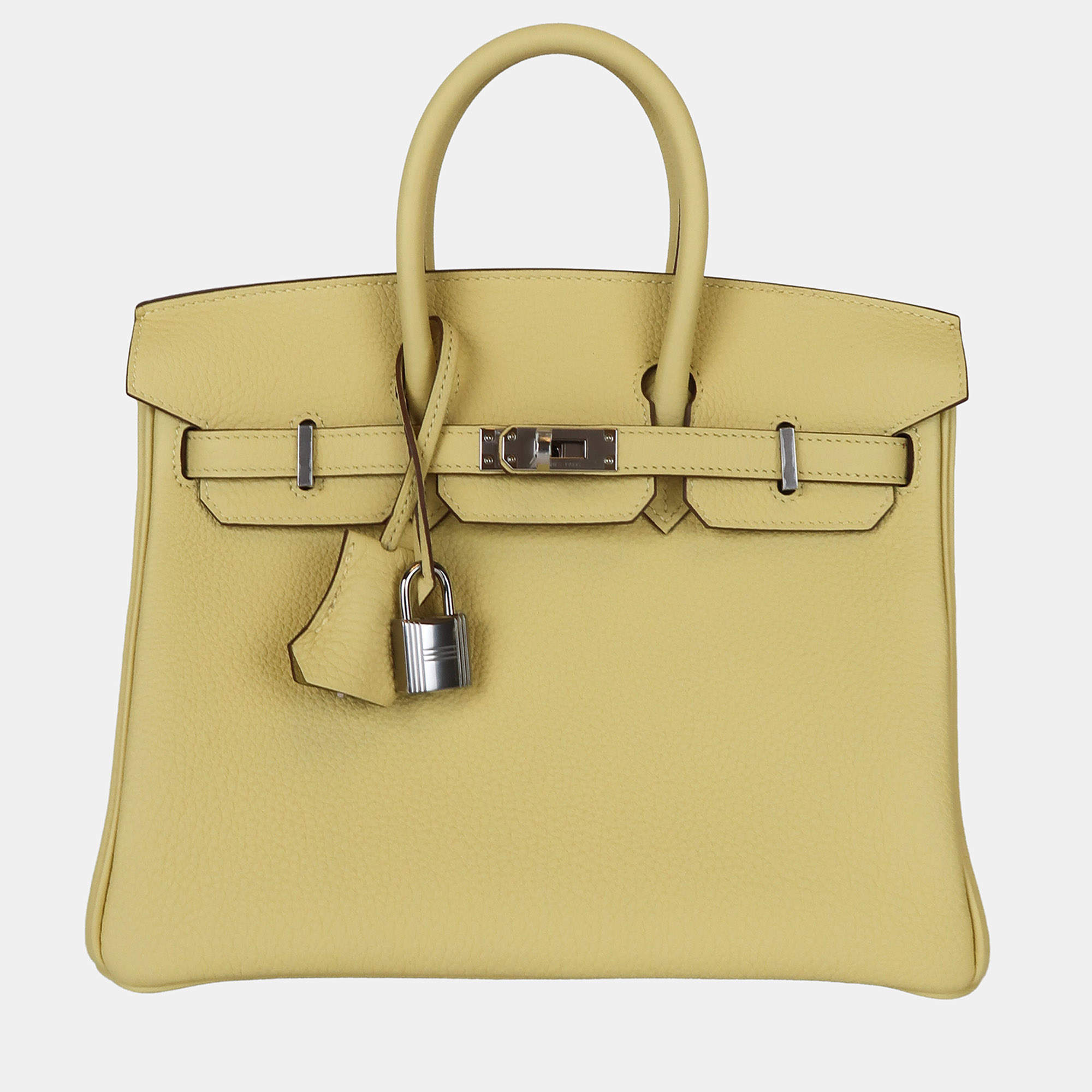 Pre Owned Hermes Birkin 25 Jaune Poussin Togo Calfskin Leather Top Handle Bag