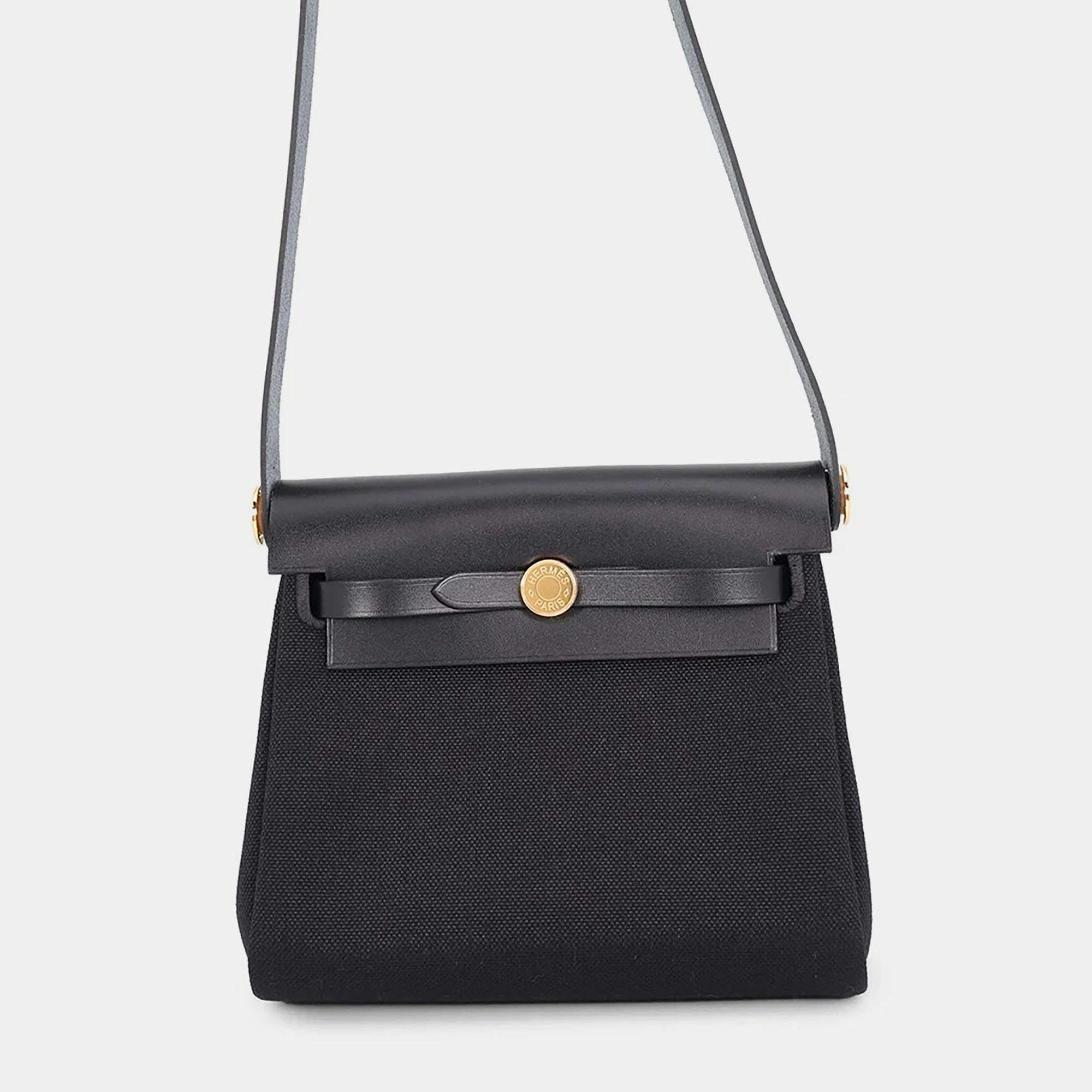 Pre Owned Hermes Herbag Zip Mini Black Toile Military Vache Hunter Leather Shoulder Bag