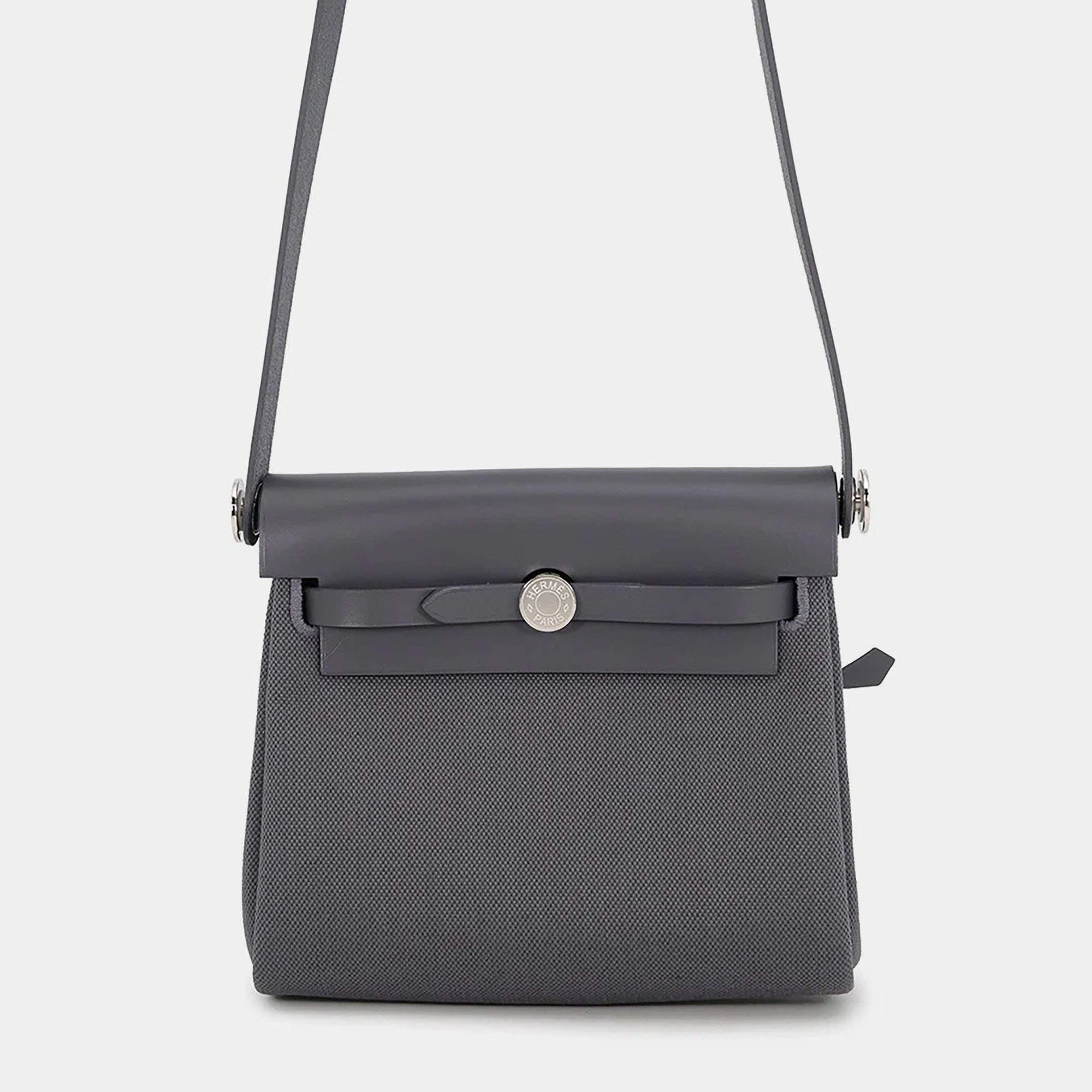 Pre Owned Hermes Herbag Zip Mini Ardoise Toile H Military Vache Hunter Leather Crossbody Bag