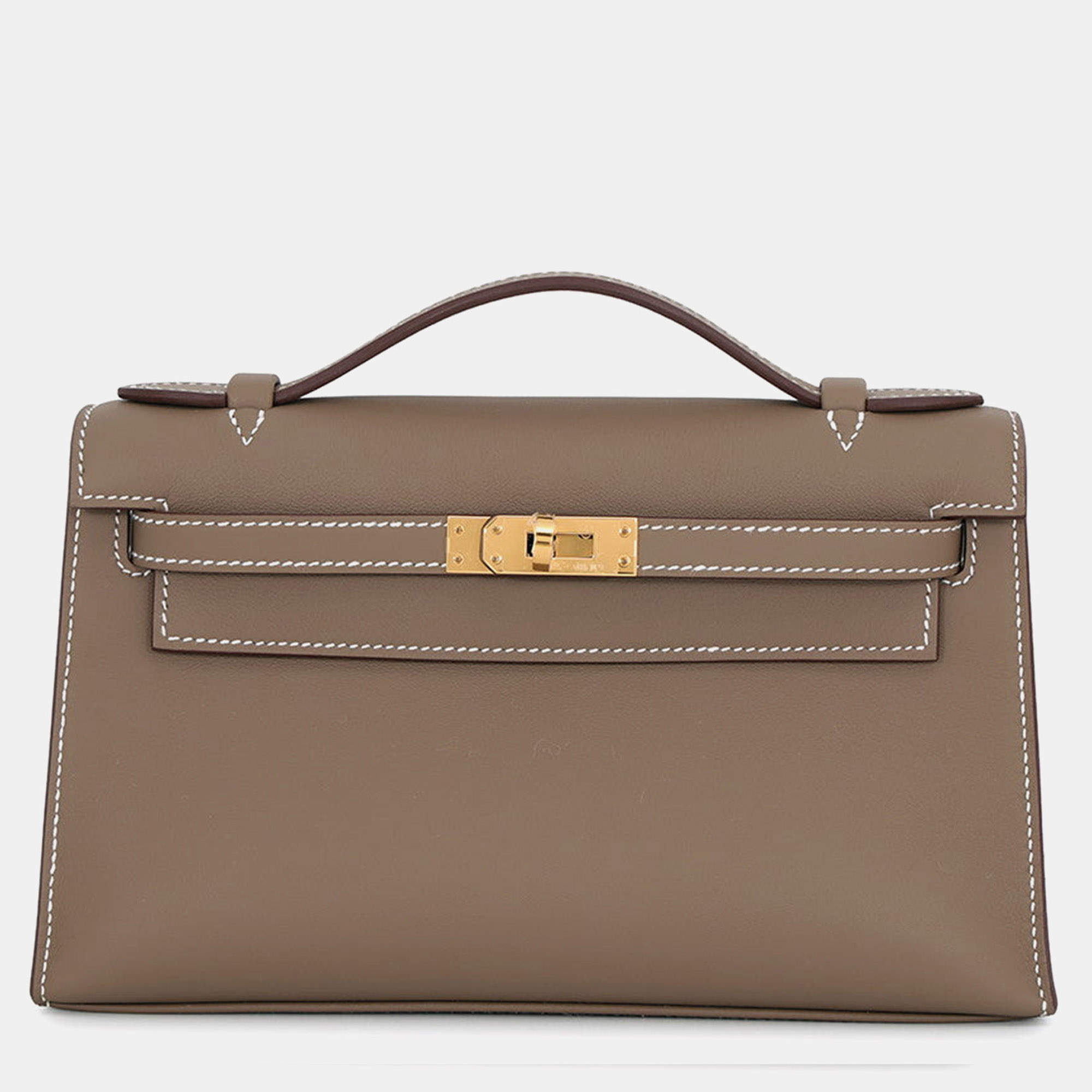Pre Owned Hermes Kelly Pochette Etoupe Swift Leather Clutch Bag
