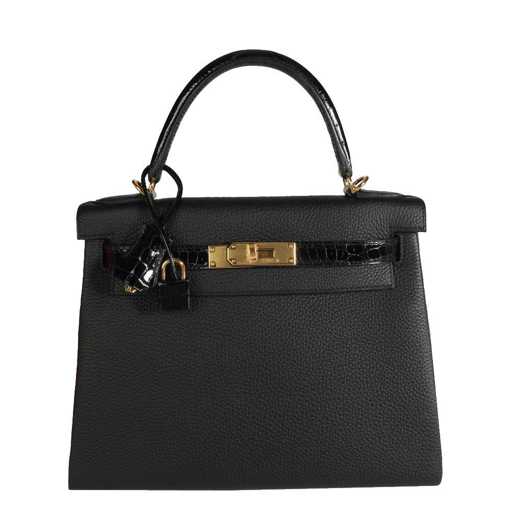 Hermes Black Togo Leather Niloticus Crocodile Kelly Retourne 28 Bag