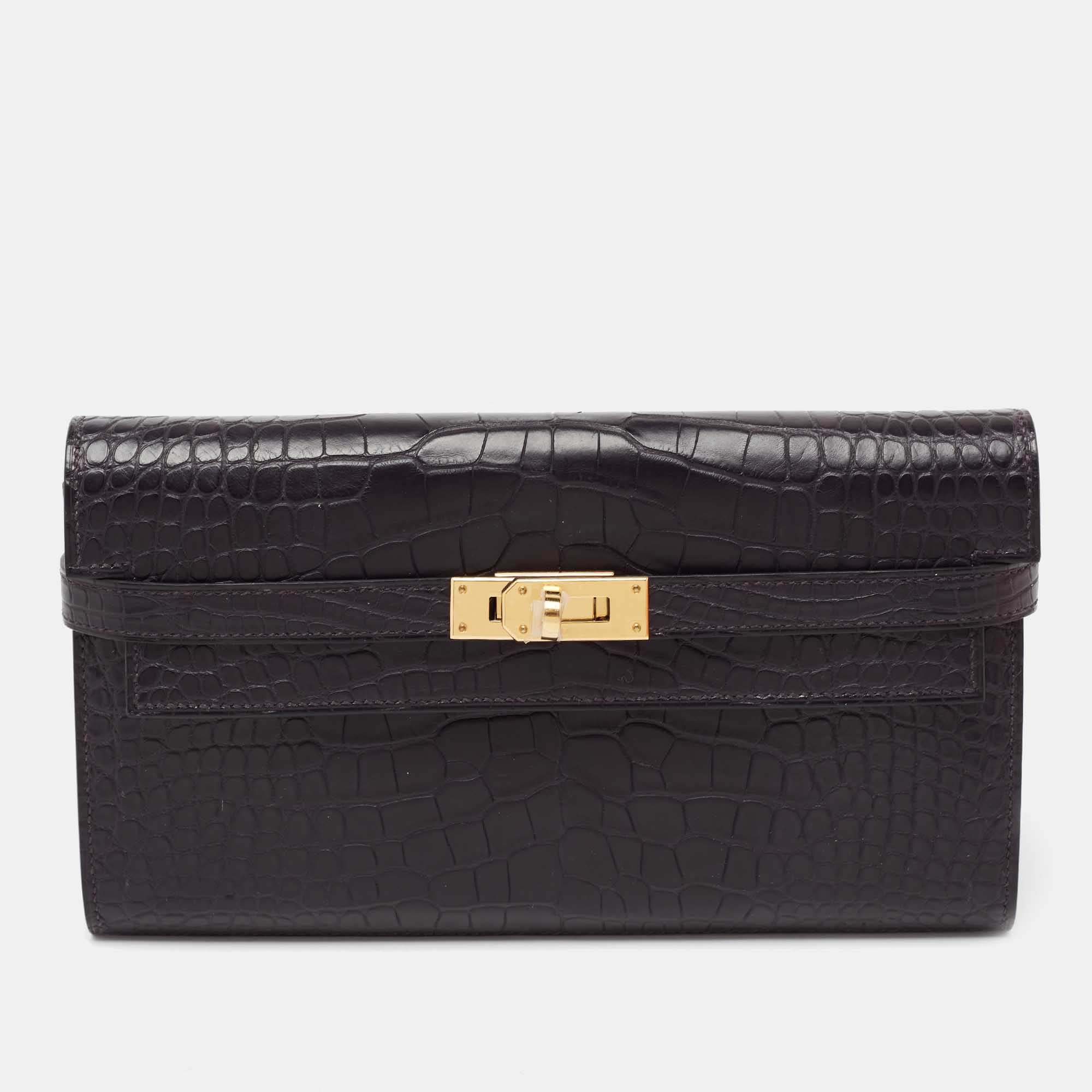 Hermes Raisin Matte Alligator Kelly Classic Wallet