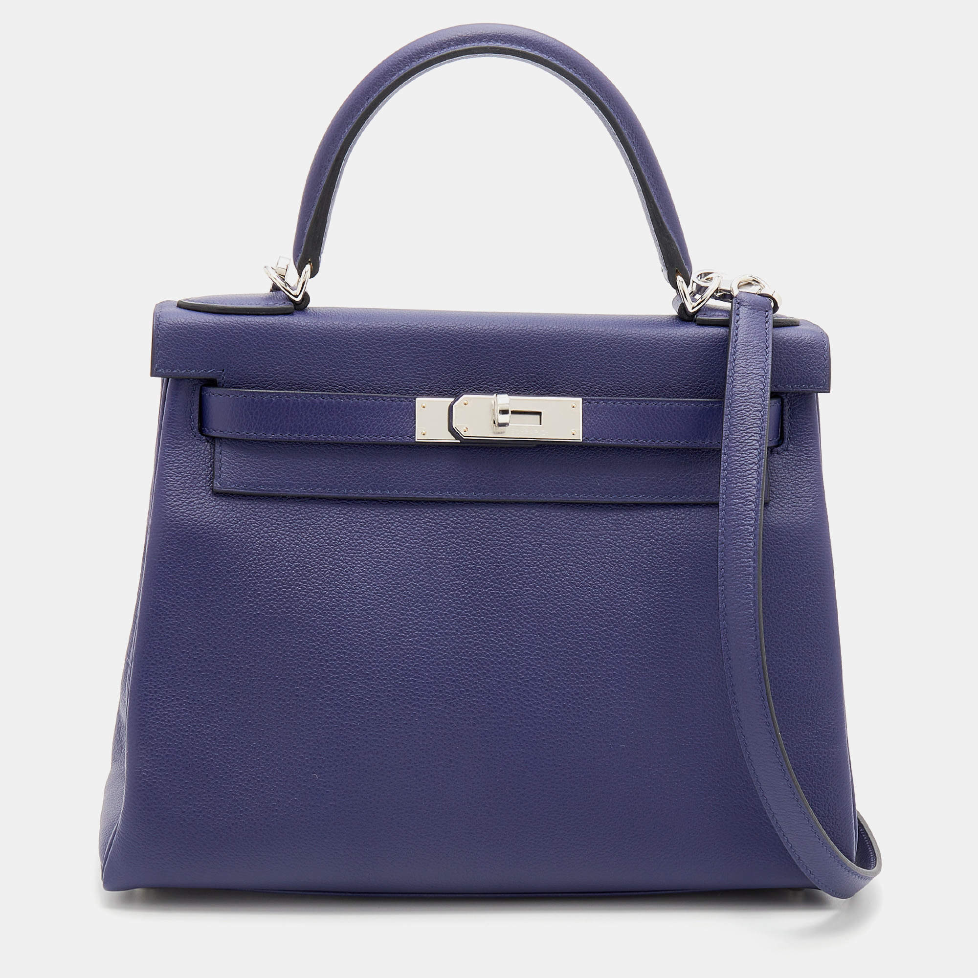 Pre Owned Hermès Bleu Encre/Bleu Zellige Evercolor Leather Palladium Plated Kelly 28 Retourne Bag