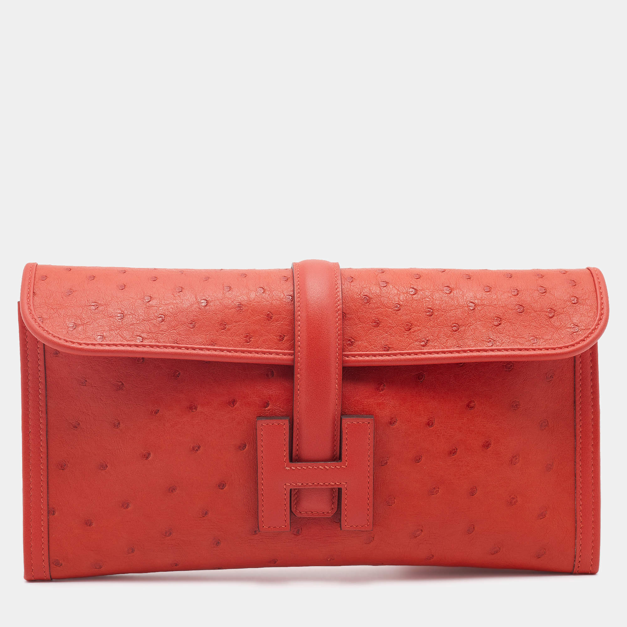 Pre Owned Hermes Orange Poppy Ostrich Elan Jige Clutch