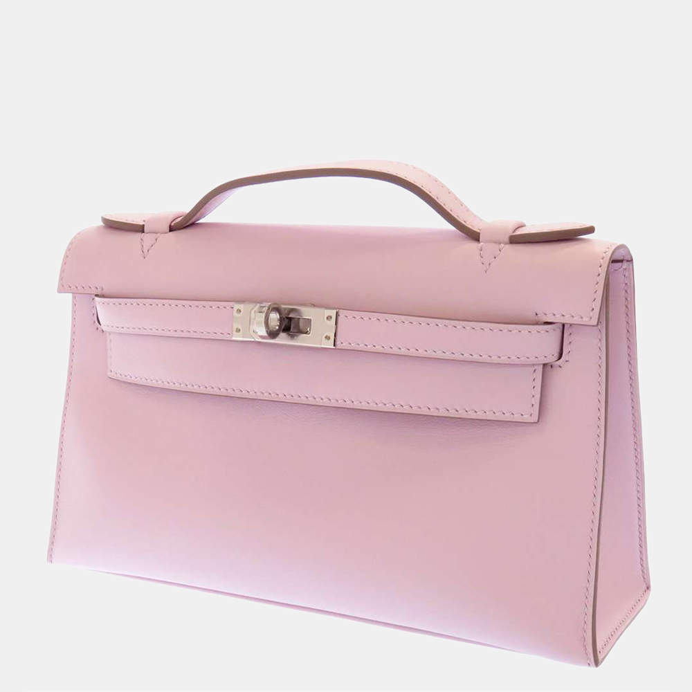 Hermes Pink Swift Leather Palladium Hardware Kelly Pochette Top Handle Bag 