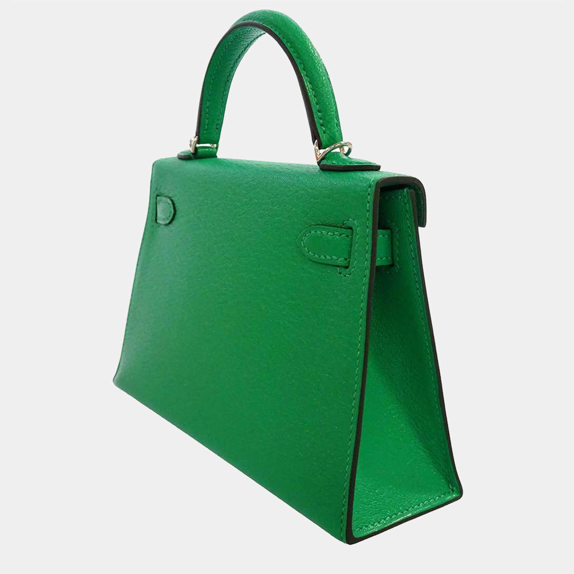 Hermes Green Chevre Mysore Goatskin Leather Palladium Hardware Kelly Mini  II 20 Top Handle Bag Hermes