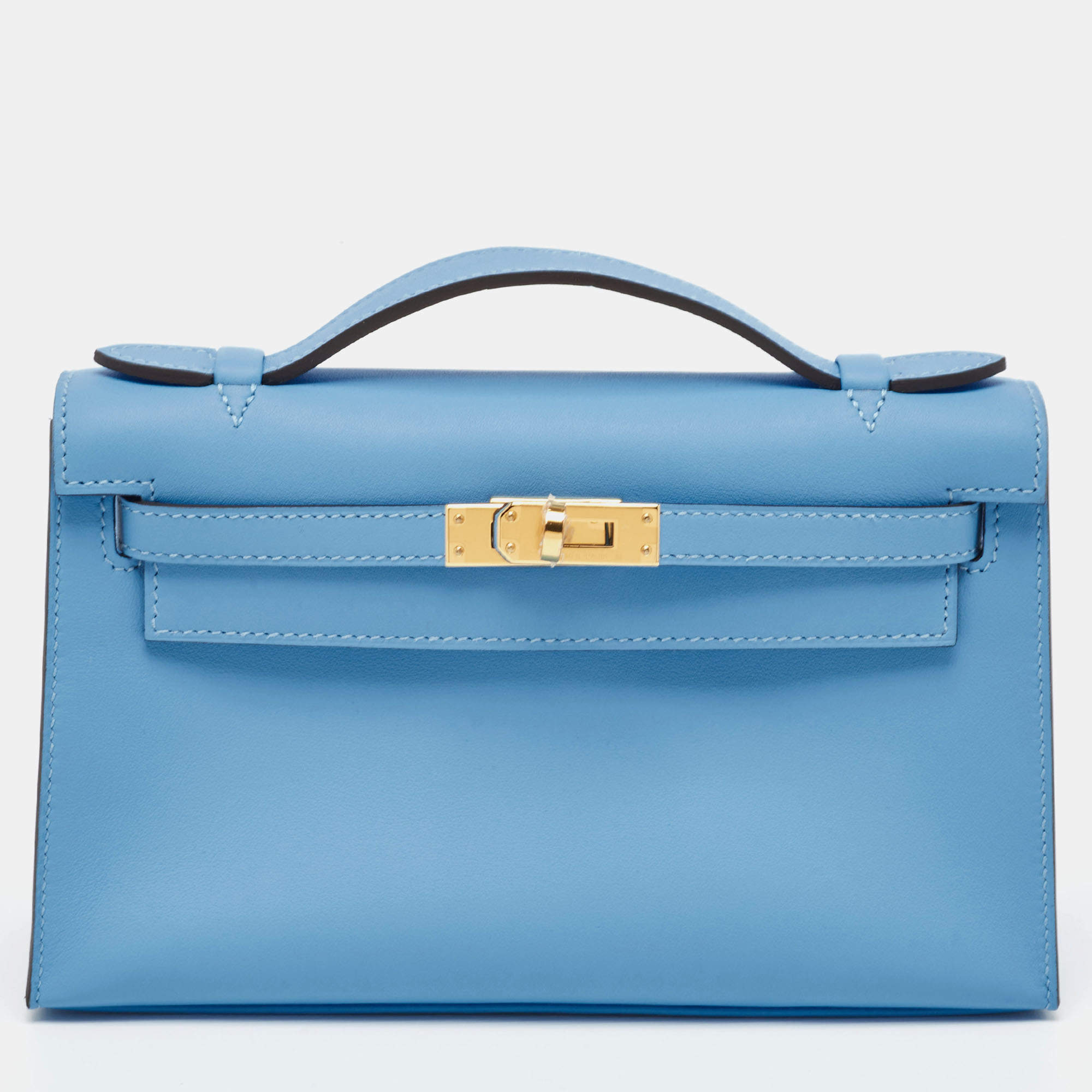 Hermes Bleu Du Nord Swift Leather Gold Finish Kelly Pochette
