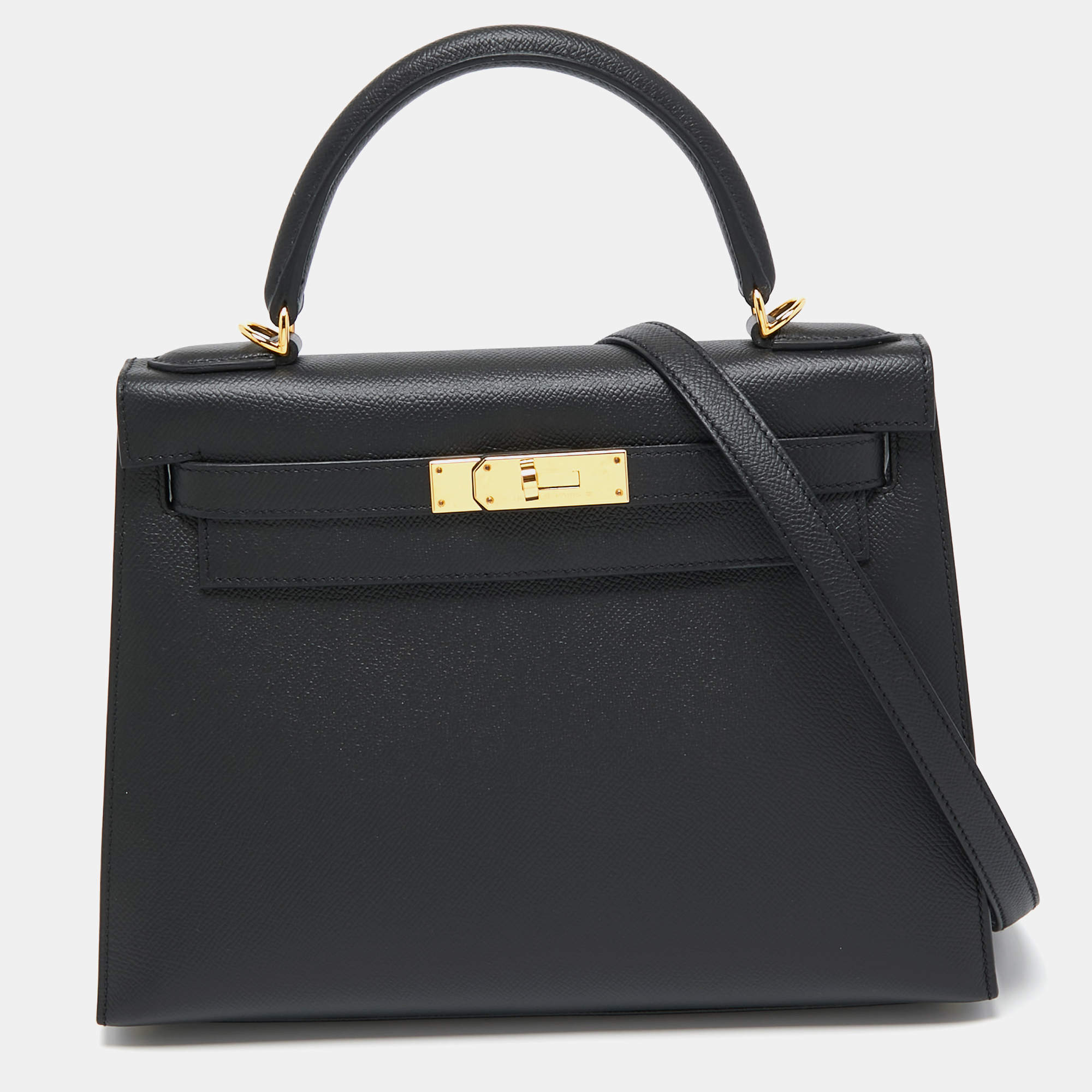 Hermes Noir Epsom Leather Gold Finish Kelly Sellier 28 Bag
