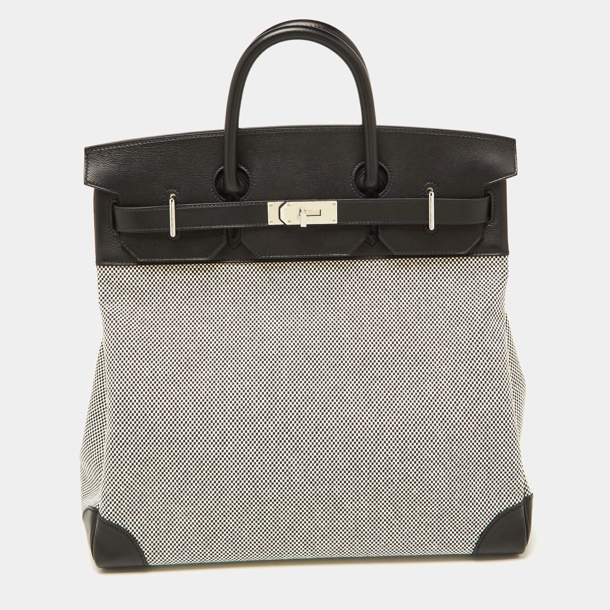 Pre Owned Hermes Black/Ecru Toile Quadrille and Evergrain Leather Palladium Finish HAC Birkin 40 Bag