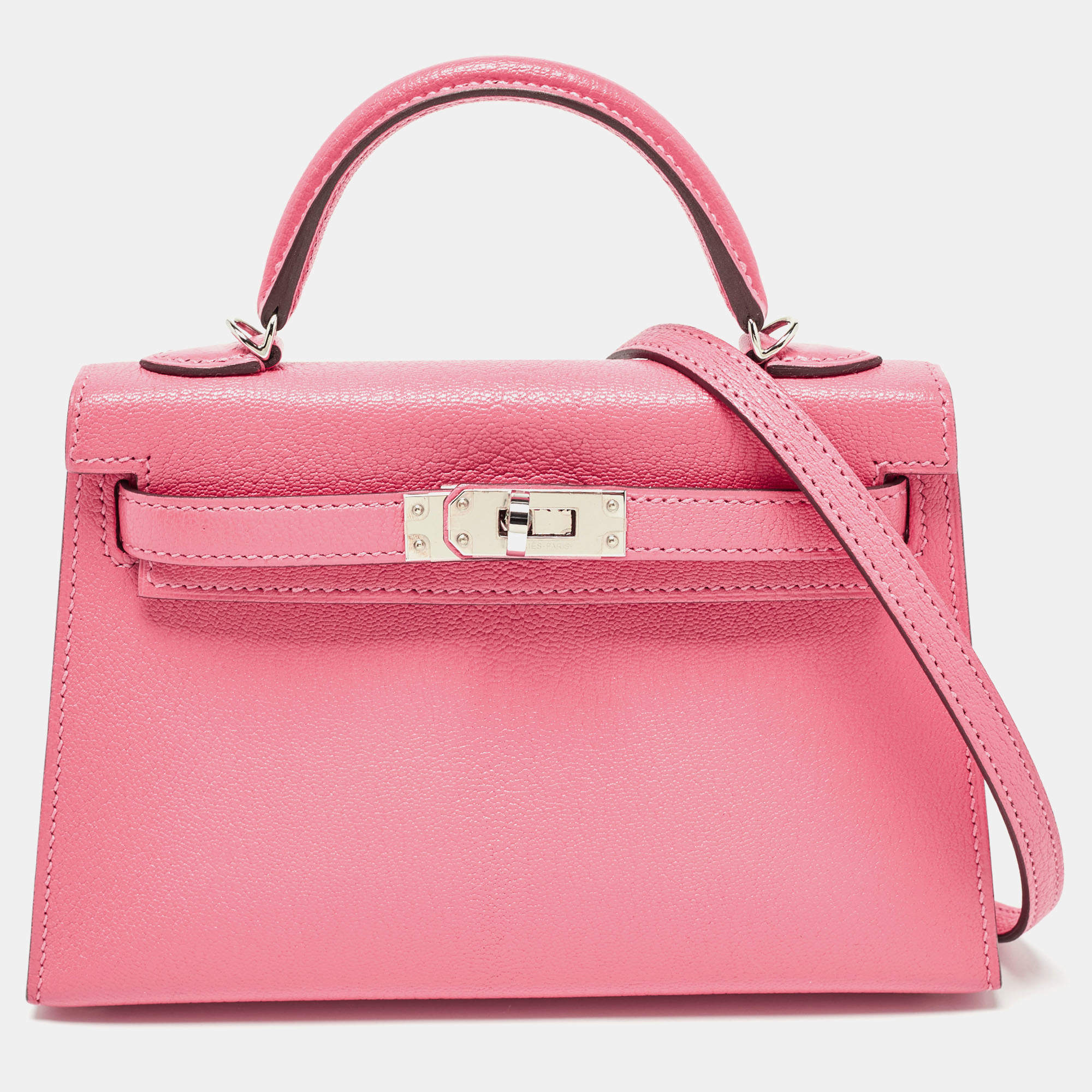 Pre Owned Hermès Rose Confetti Chevre Mysore Leather Palladium Finish Mini Kelly II Sellier 20 Bag