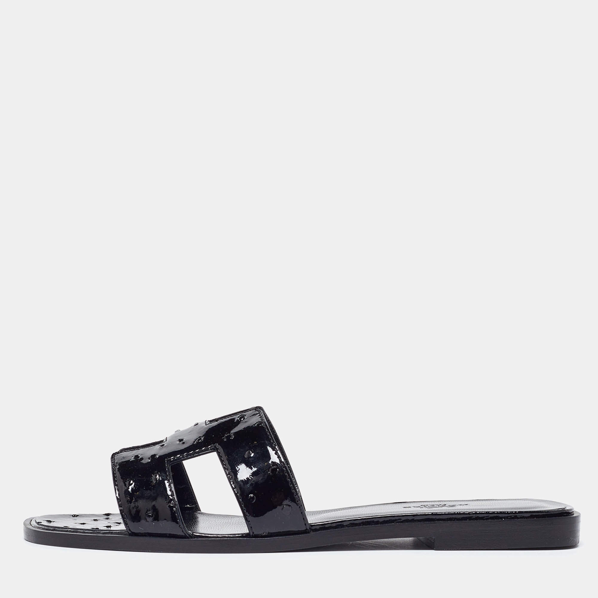 Hermès Black Patent Ostrich Oran Flat Slides Size 38