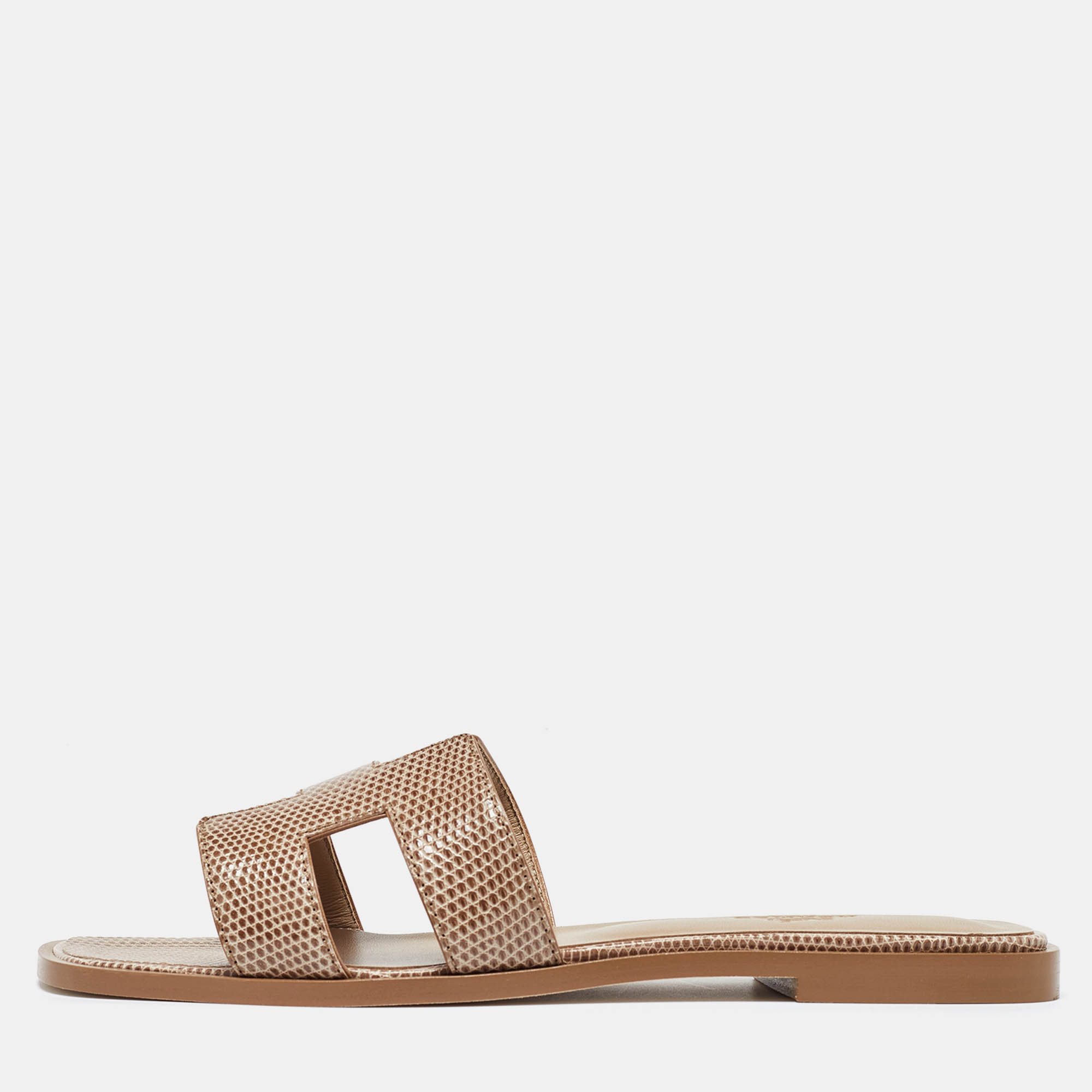 Hermès Beige Shiny Lizard Oran Flat Slides Size 38