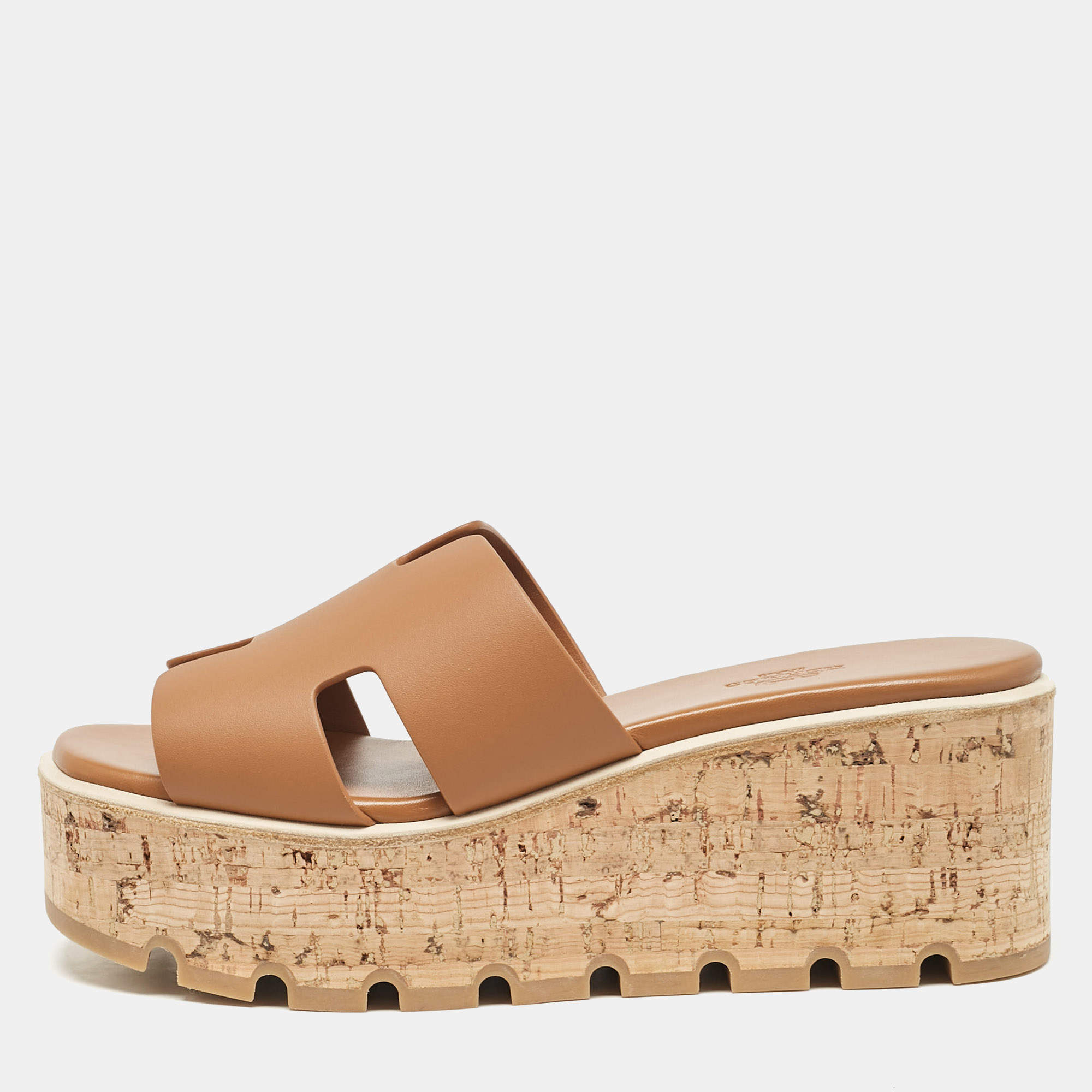 Pre Owned Hermes Brown Leather Eze Platform Sandals Size 38