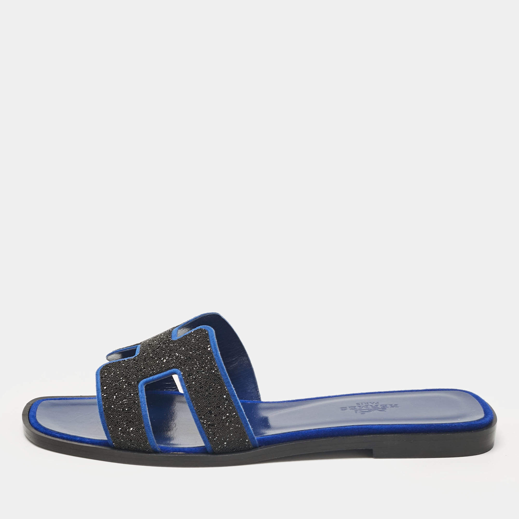 Pre Owned Hermes Blue/Black Suede Crystal Embellished Oran Flat Slides Size 36.5