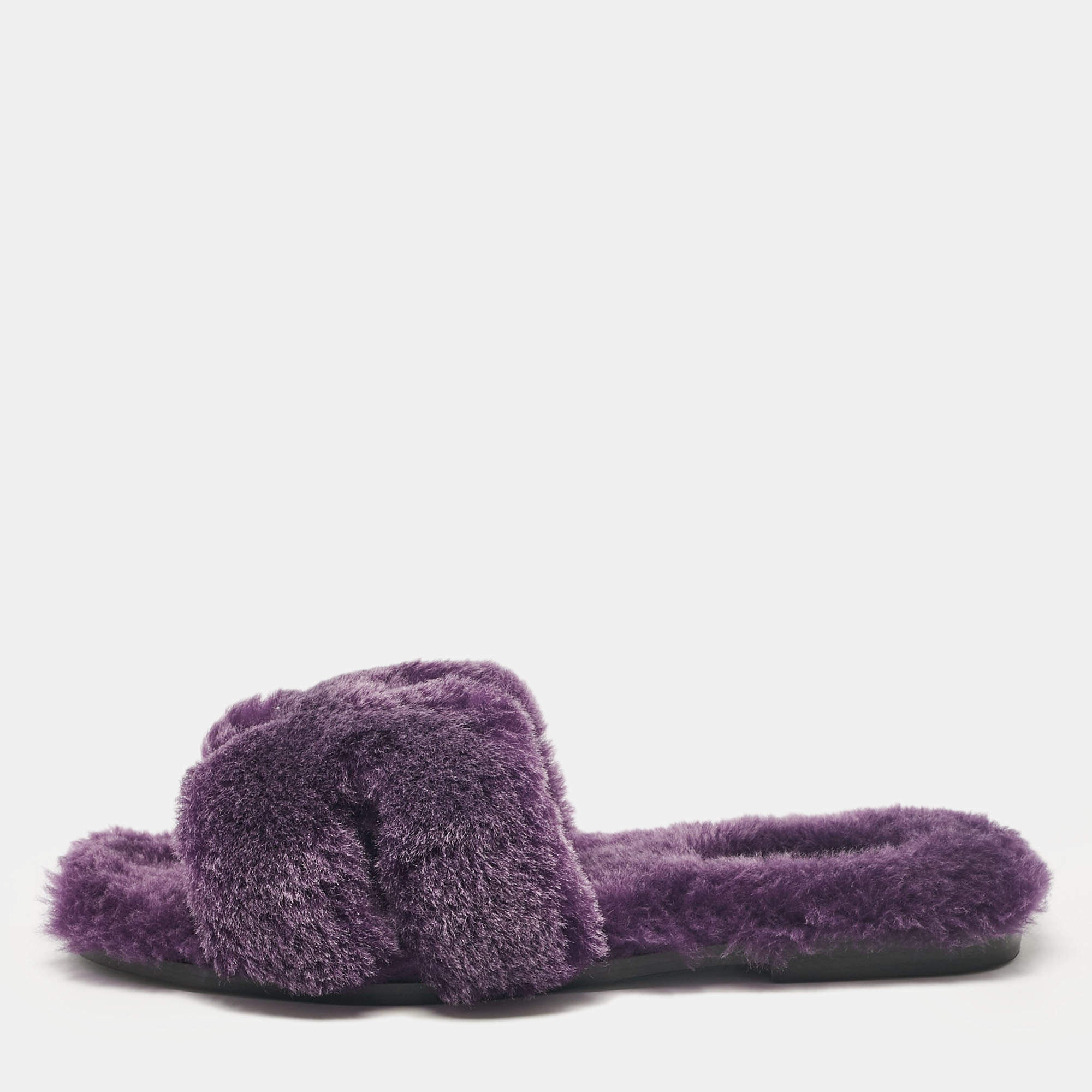 Hermes Purple Shearling Fur Oran Flat Slides Size 38