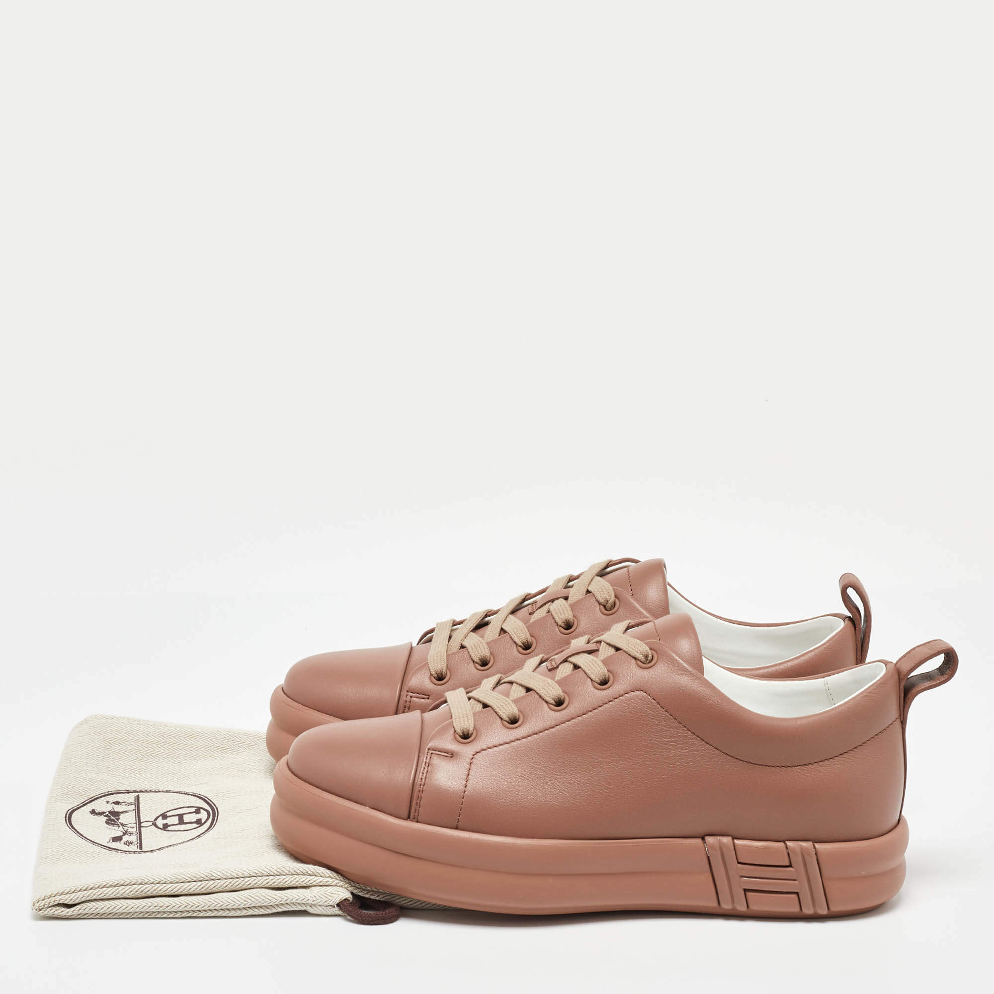 Pre Owned Hermes Dusty Pink Leather Happy Low Top Sneakers Size 39.5